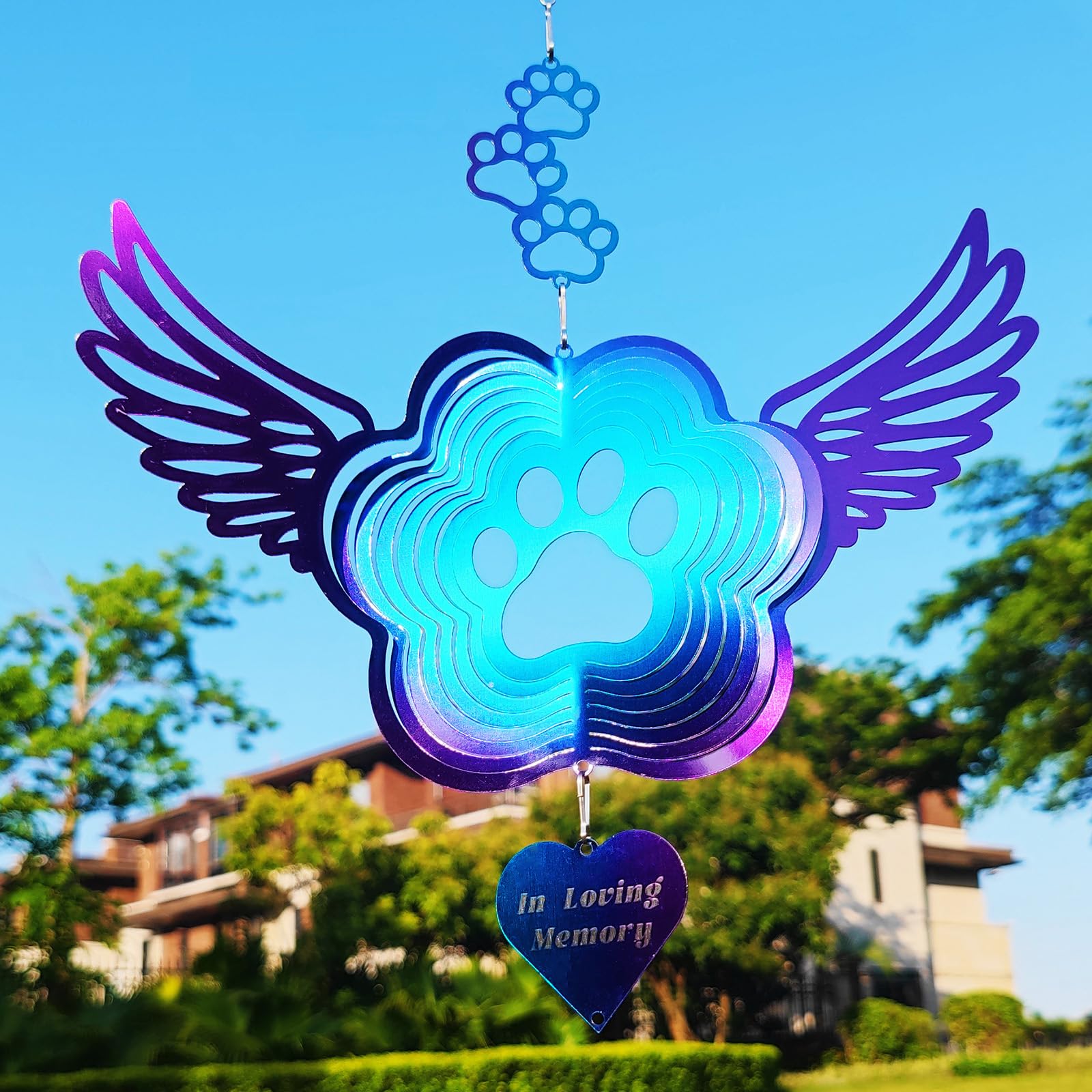 Adrinfly  Pet Memorial Wind Spinner Stainless Steel Angel Wings Paw Print Garden Decoration for Dog or Cat Loss Sympathy Gift for Indoor or