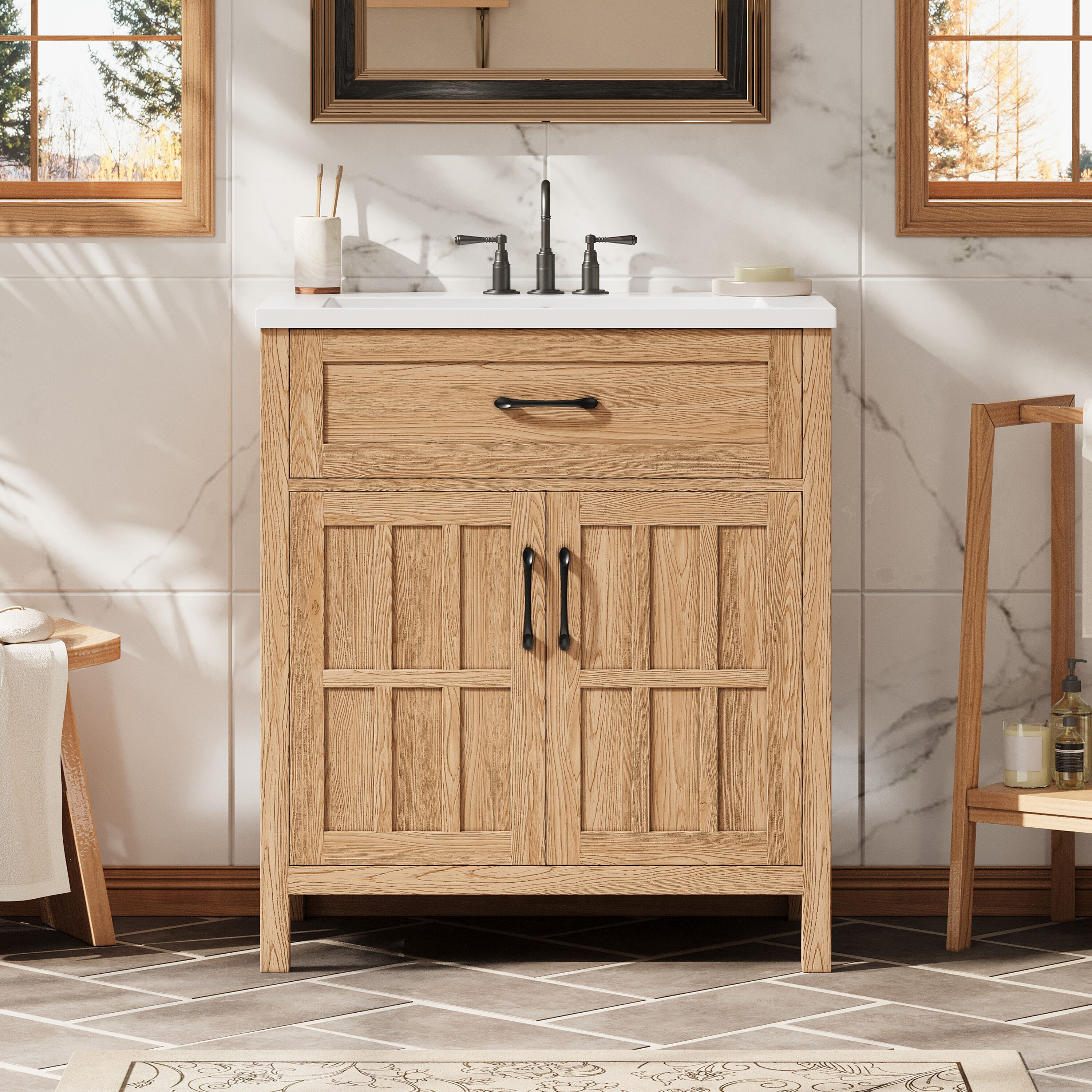 GDFStudio Naturalis 30 in. Freestanding Bathroom Vanity with Resin Sink and Adjustable Shelf Storage - Natural Wood