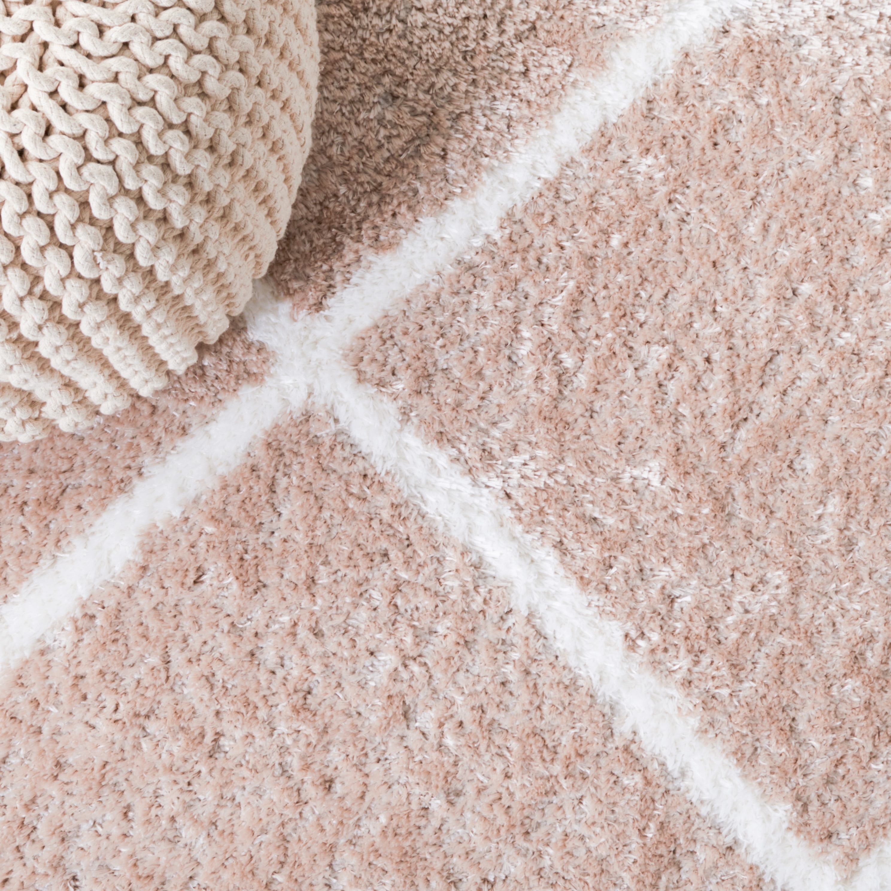 Beige and White Geometric Shag Runner Rug 2' x 9'