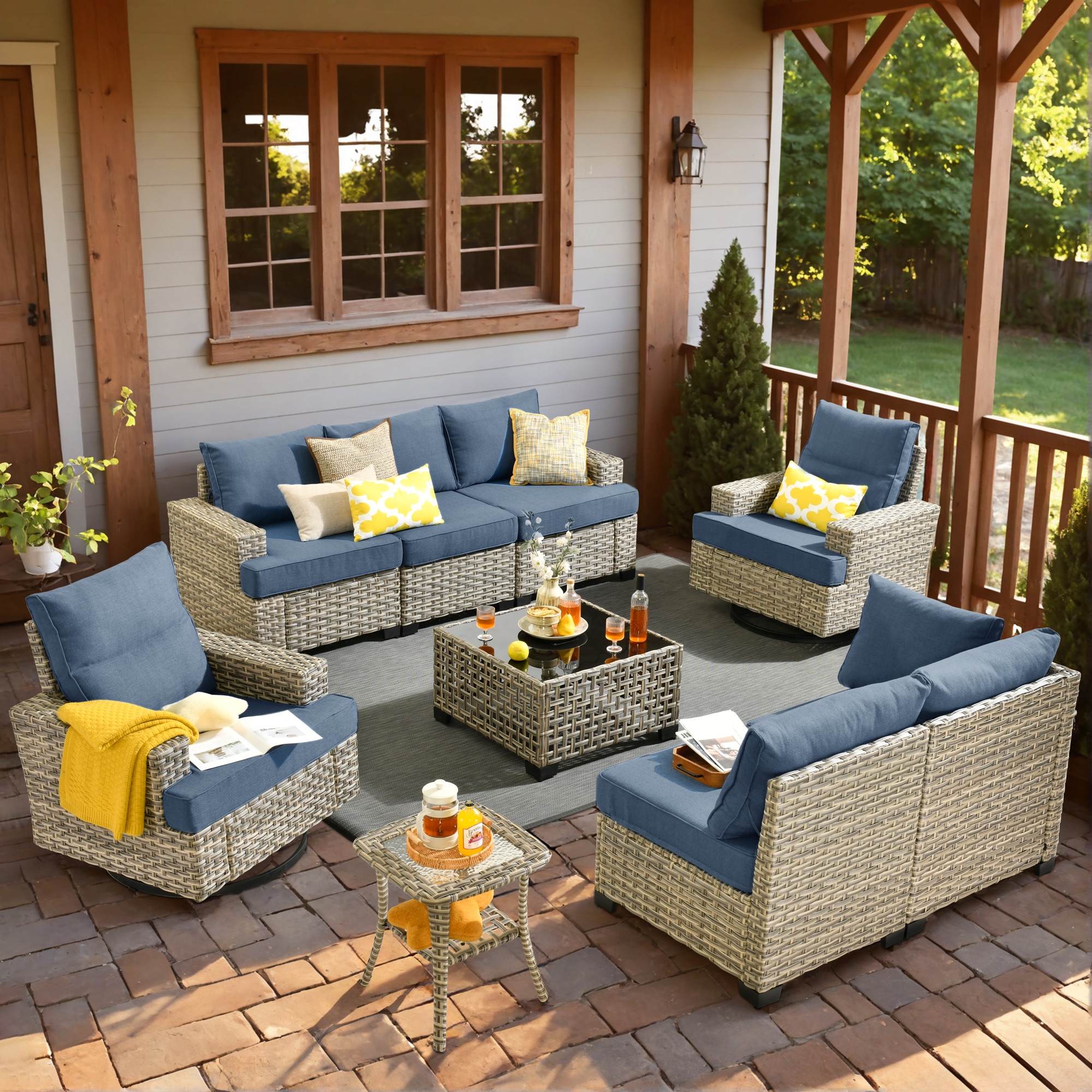 Pouuin STYZBS509 Wicker Outdoor Sectional with Light blue Cushions and Steel Frame