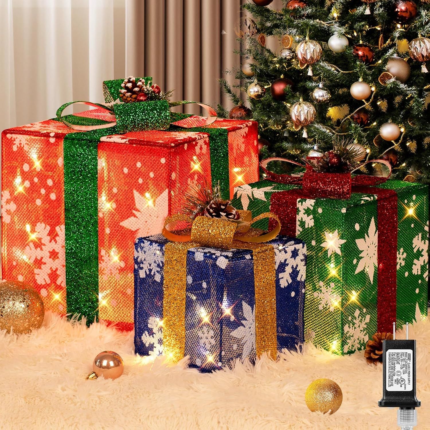 OBERSTER 3 Pieces Large Gift Boxes for Christmas Decorations Outdoor 10in 8in 6in with Pre Lit 70 LED Mini String Lights Plug-in Warm White Present Boxes with Glitter for Christmas Wedding Party