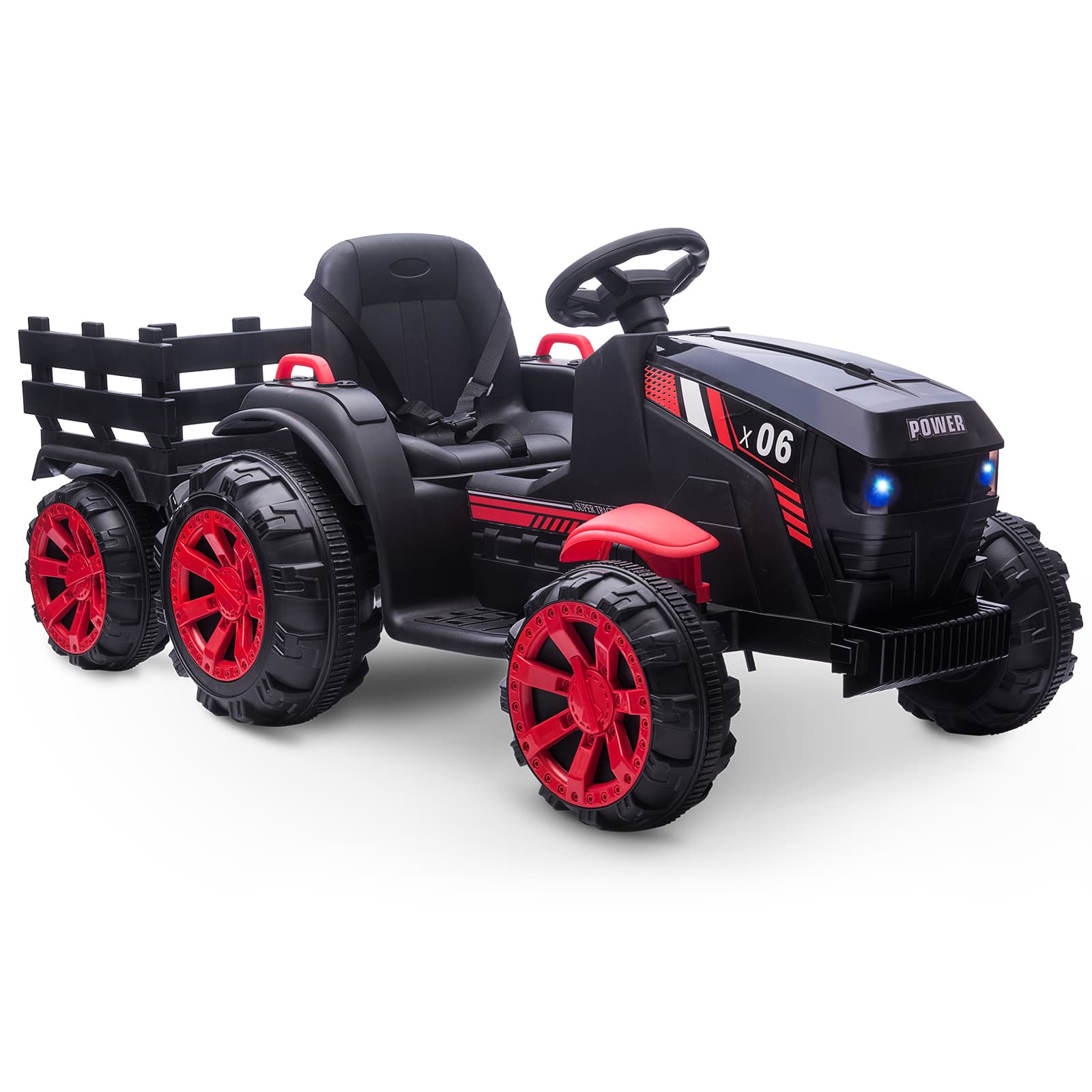 Qeetex TOYPTO0Z1T7UKG 12V Kids Ride On Tractor With Trailer Remote Control Dual Motors Led Lights Music Startup Sound Electric Vehicle Black