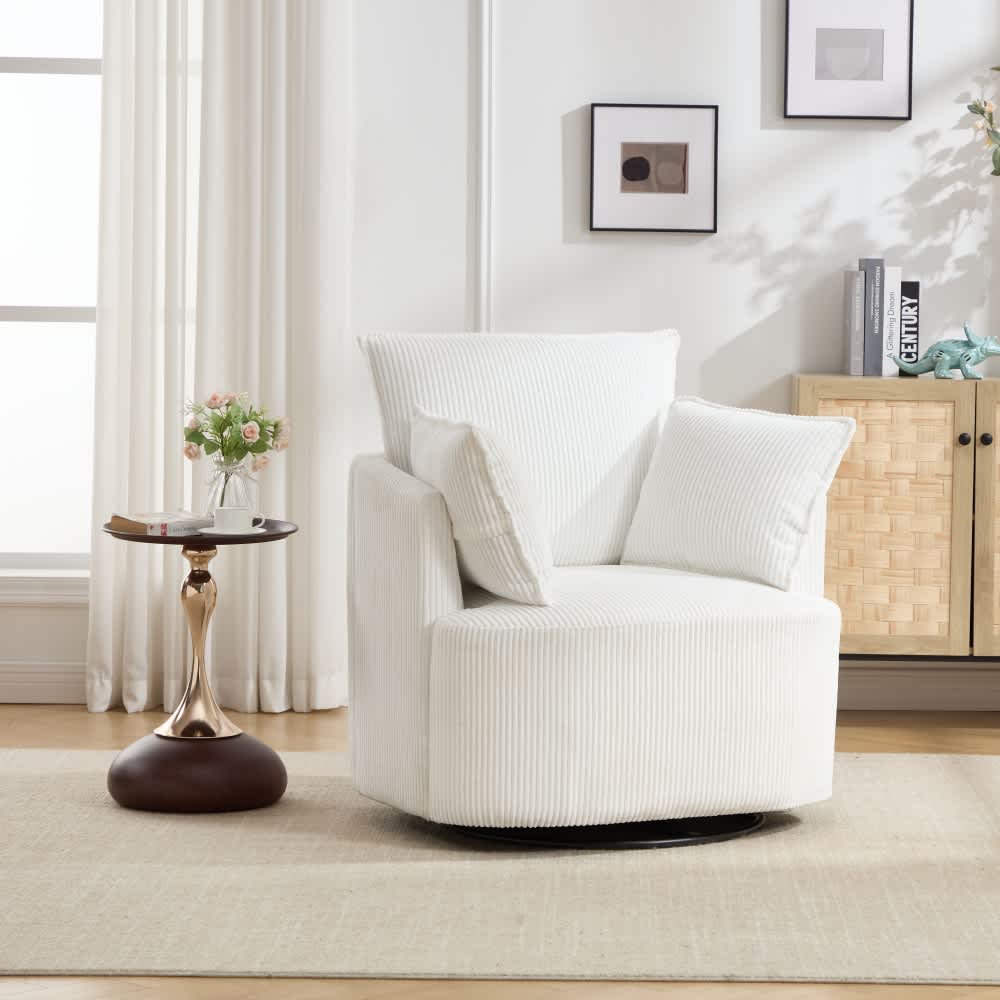 Coolbibila ZARIA-CHAIR-WHITE Modern White Swivel Accent Barrel Chair with Wood Frame and Metal Base for Living Room or Bedroom