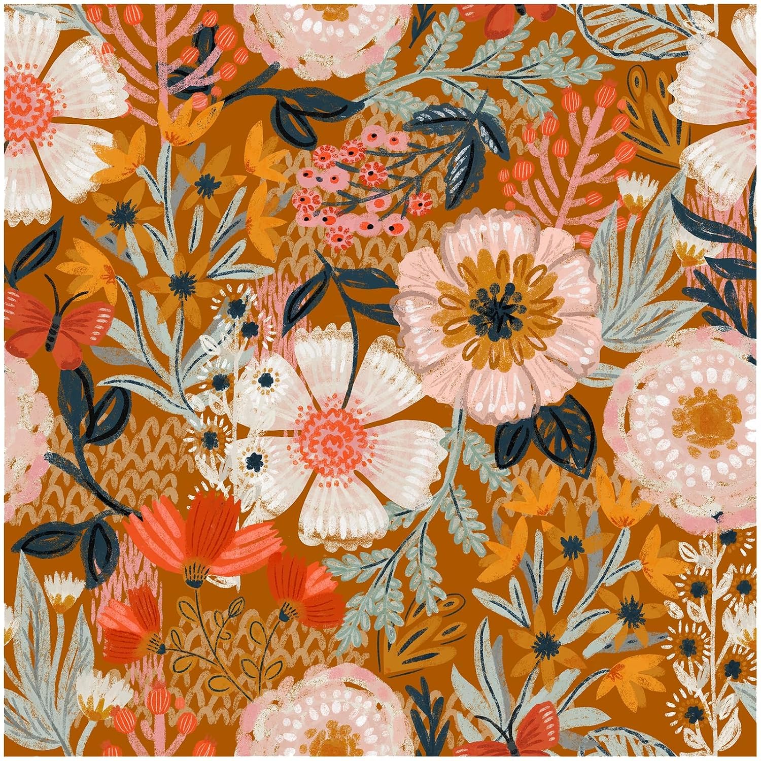 Luupatchy - Boho Floral Peel and Stick Wallpaper Orange Pink Abstract Botanical Pattern 17.7in Wi...