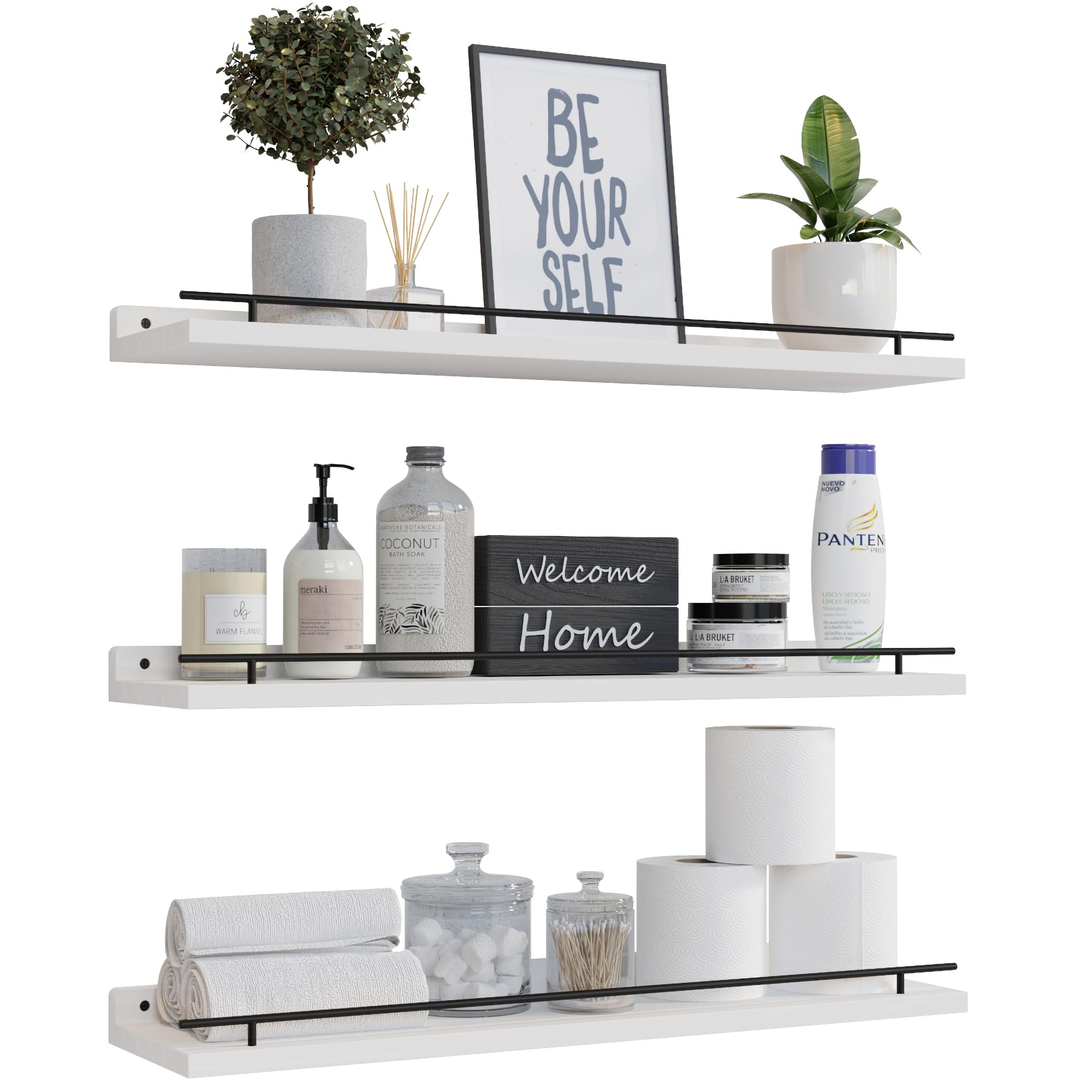 Lovav Black and White Floating Shelves 24 Inch Metal Guardrail Set Of 3 Wall Decor Bathroom Kitchen Living Room Storage
