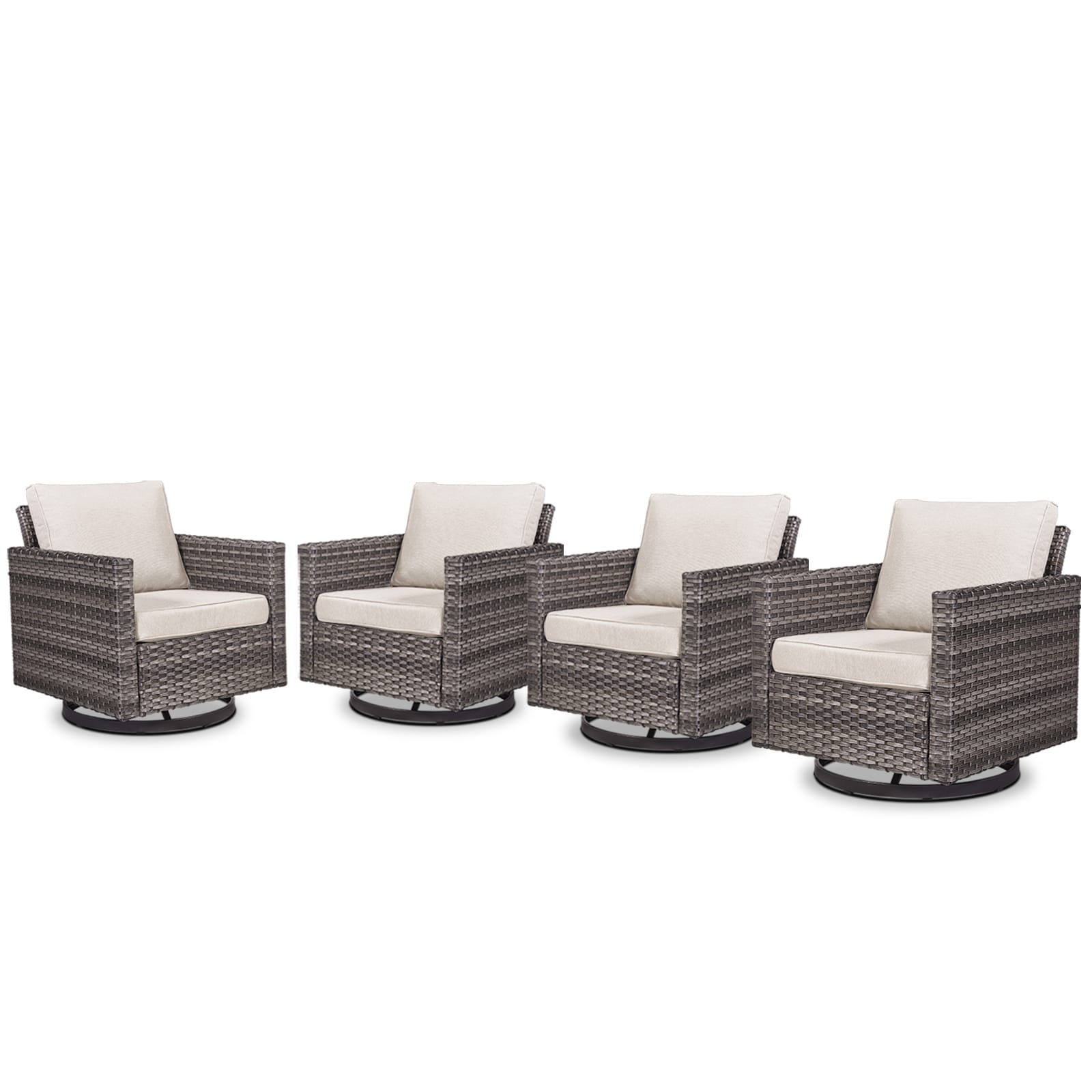 Rilyson FS069-2X2 U-Feet Set of 4 Wicker Gray Wicker Frame Swivel glider Conversation Chair with Off-white Beige Cushioned Seat
