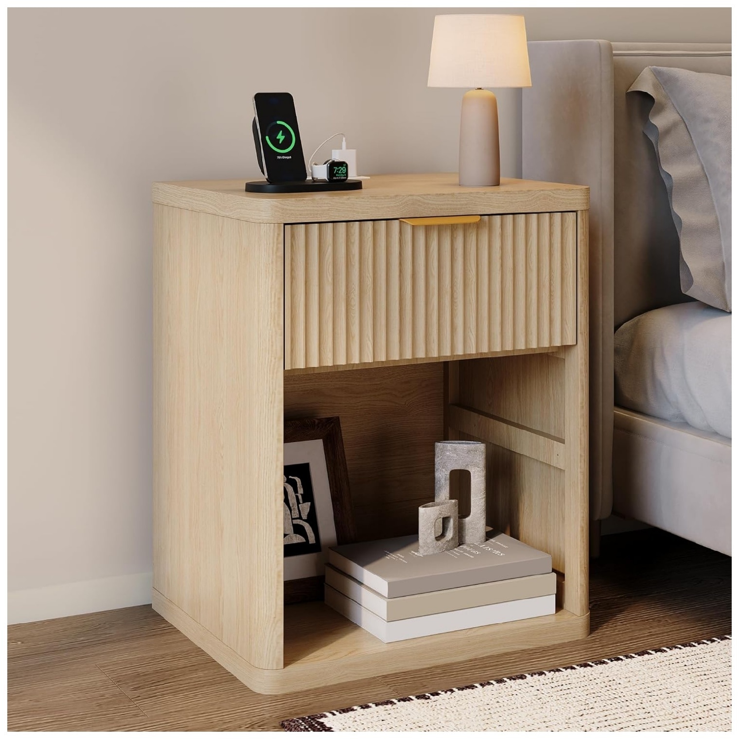 Garvee Fluted Nightstand with Builtin Charging Station Bedside Table Featuring 1 Drawer Open Storage Space Metal Handles Curved Edge Design End Table Side Table Bedroom Living Room Office