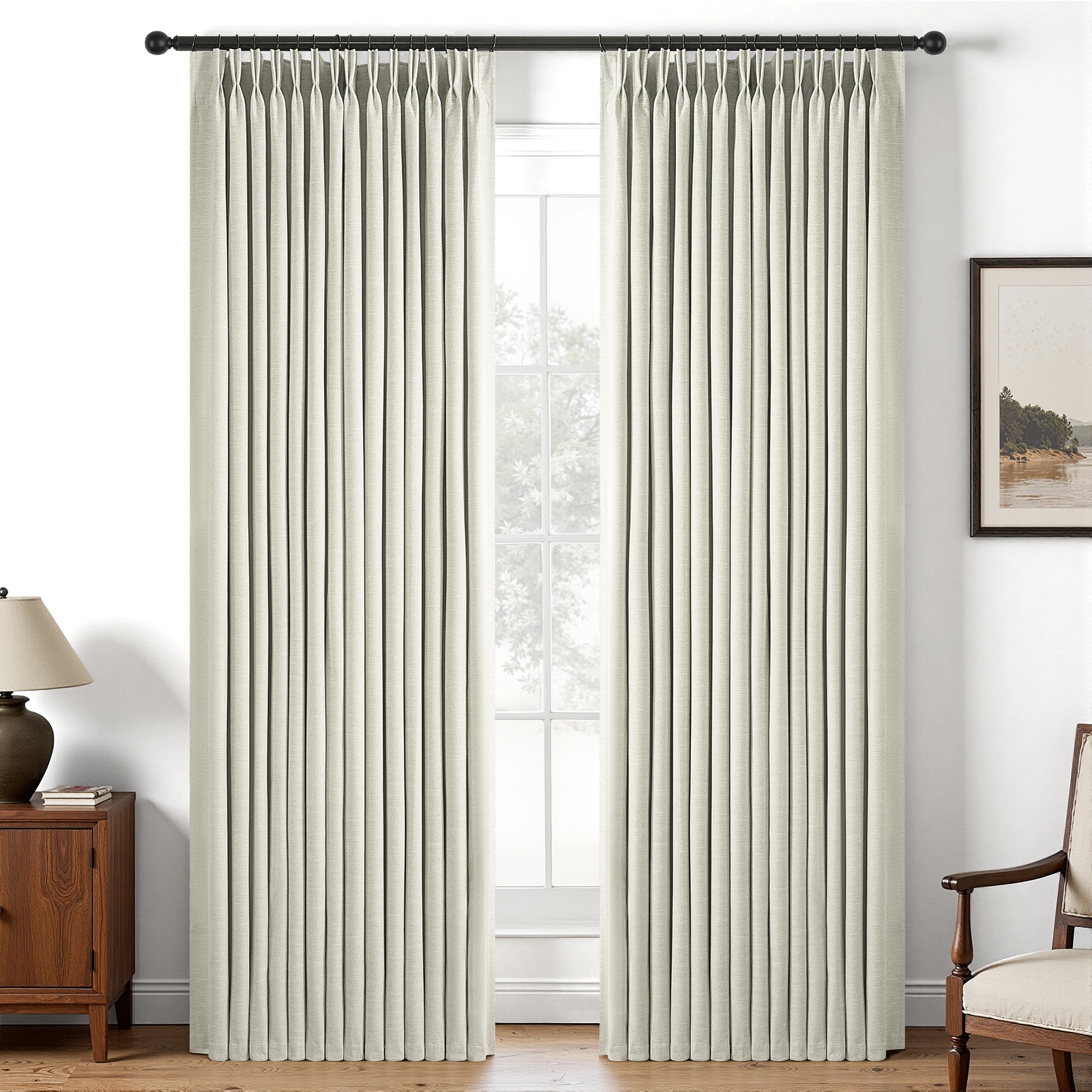 Topfinel 96-in Beige White Faux Linen Blackout Interlined Pinch Pleated Curtain panel pair