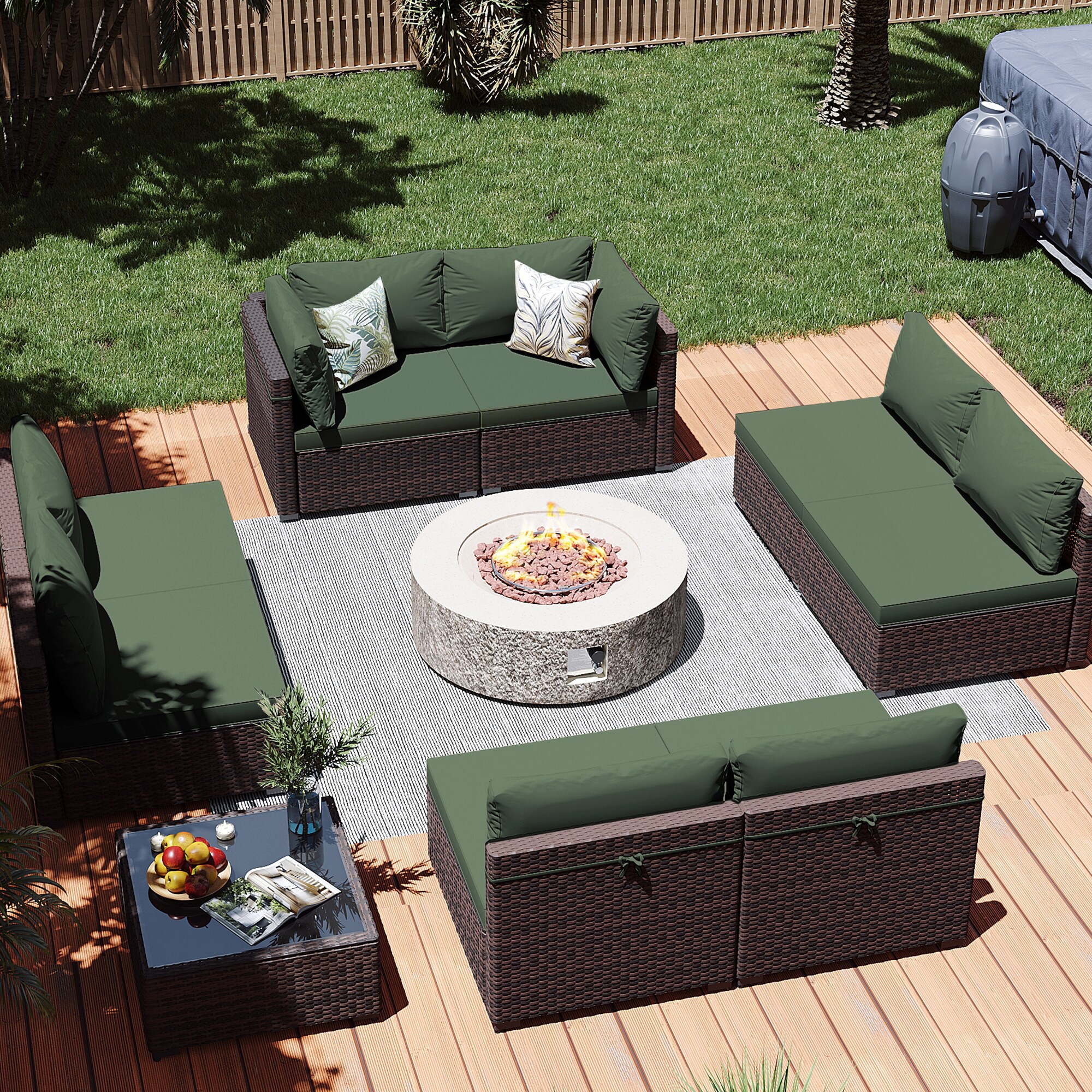 Patio Watcher LS-RT9-42QQBE-B4 10 -Piece Rattan Patio Conversation Set with Green Cushions