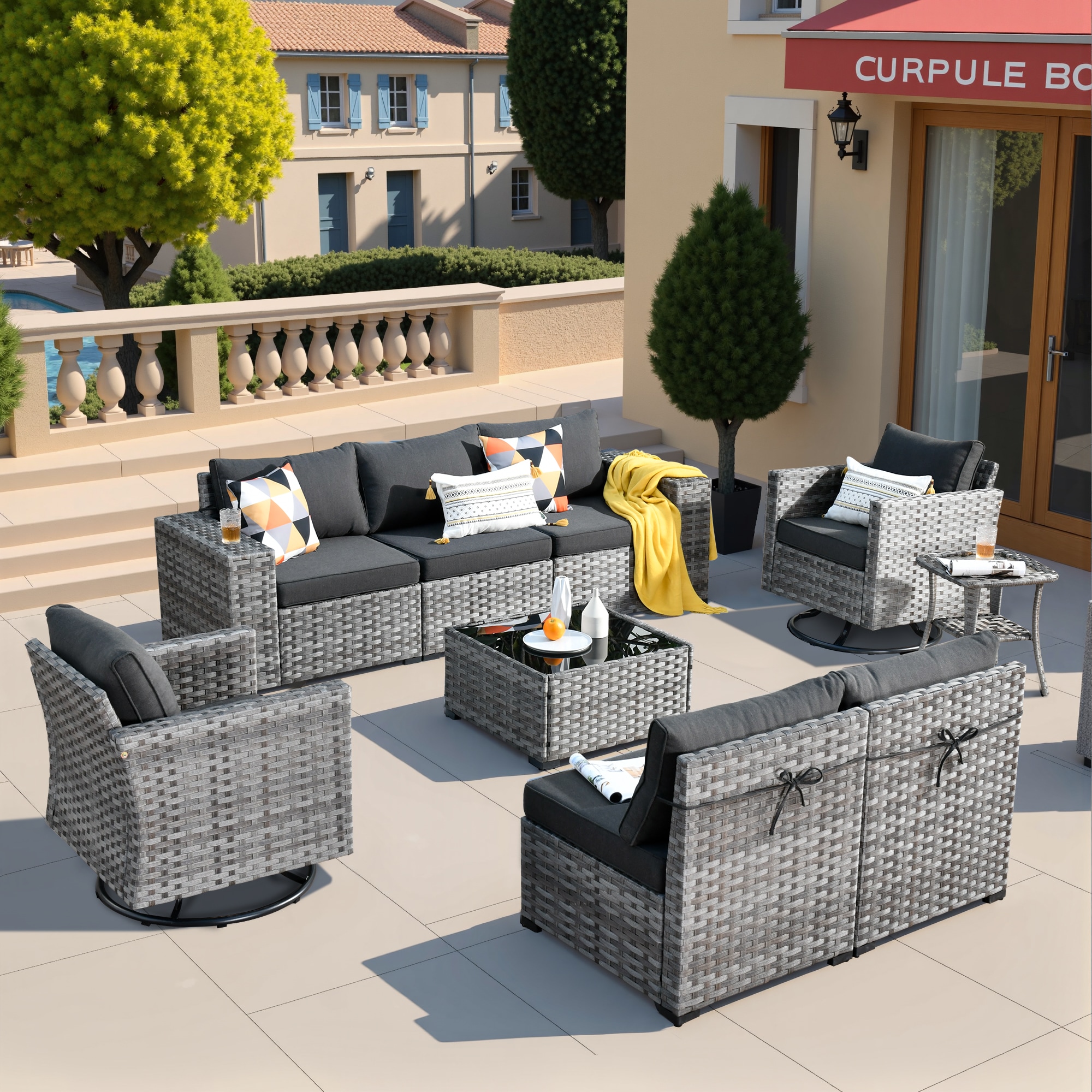 Pouuin SYZBBR1-9 9 -Piece Rattan Patio Sofa Conversation Set with Black Cushions