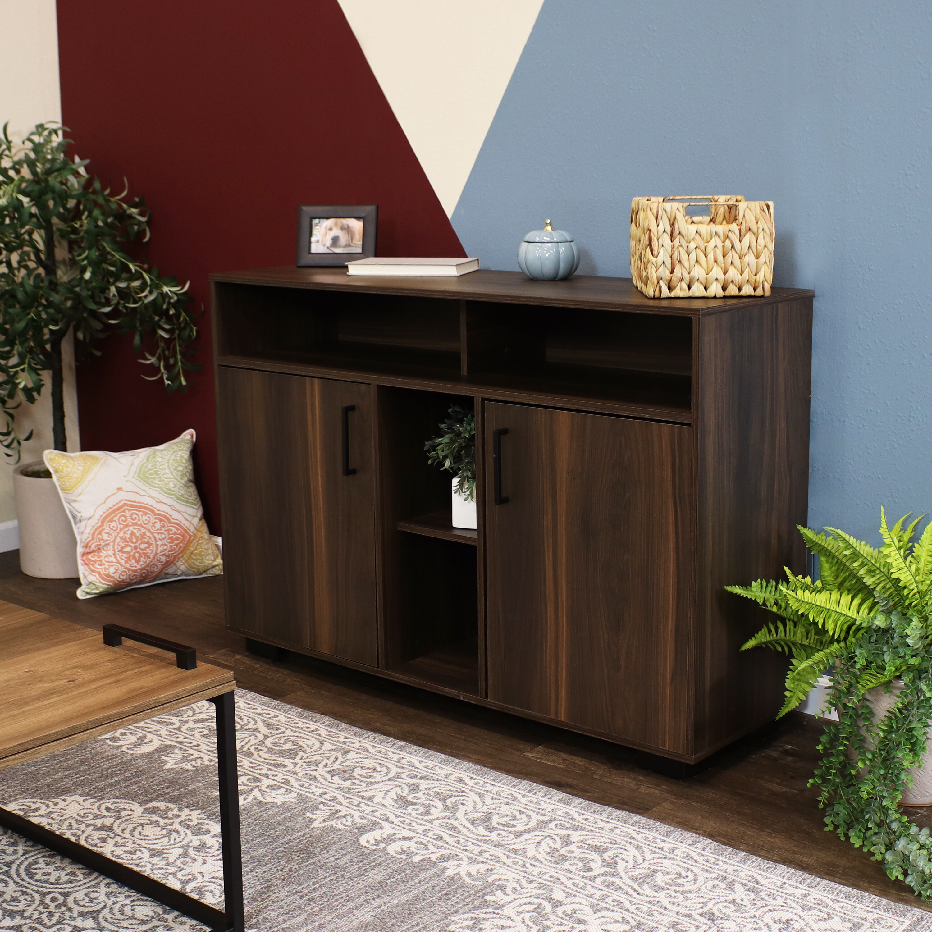 Anthony Coffee Brown Pine MDF Sideboard Buffet Cabinet with Shelves