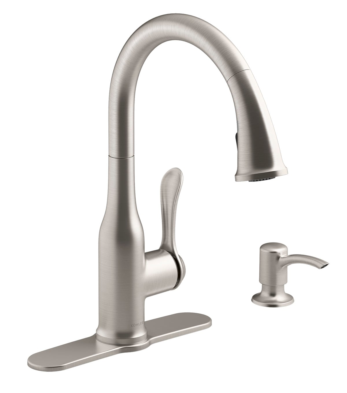 KOHLER R23863-SD-VS Motif Vibrant Stainless Single Handle Deck-mount Pull-down Kitchen Faucet with Sprayer ( Deck Plate Included ) (Soap Dispenser Included)