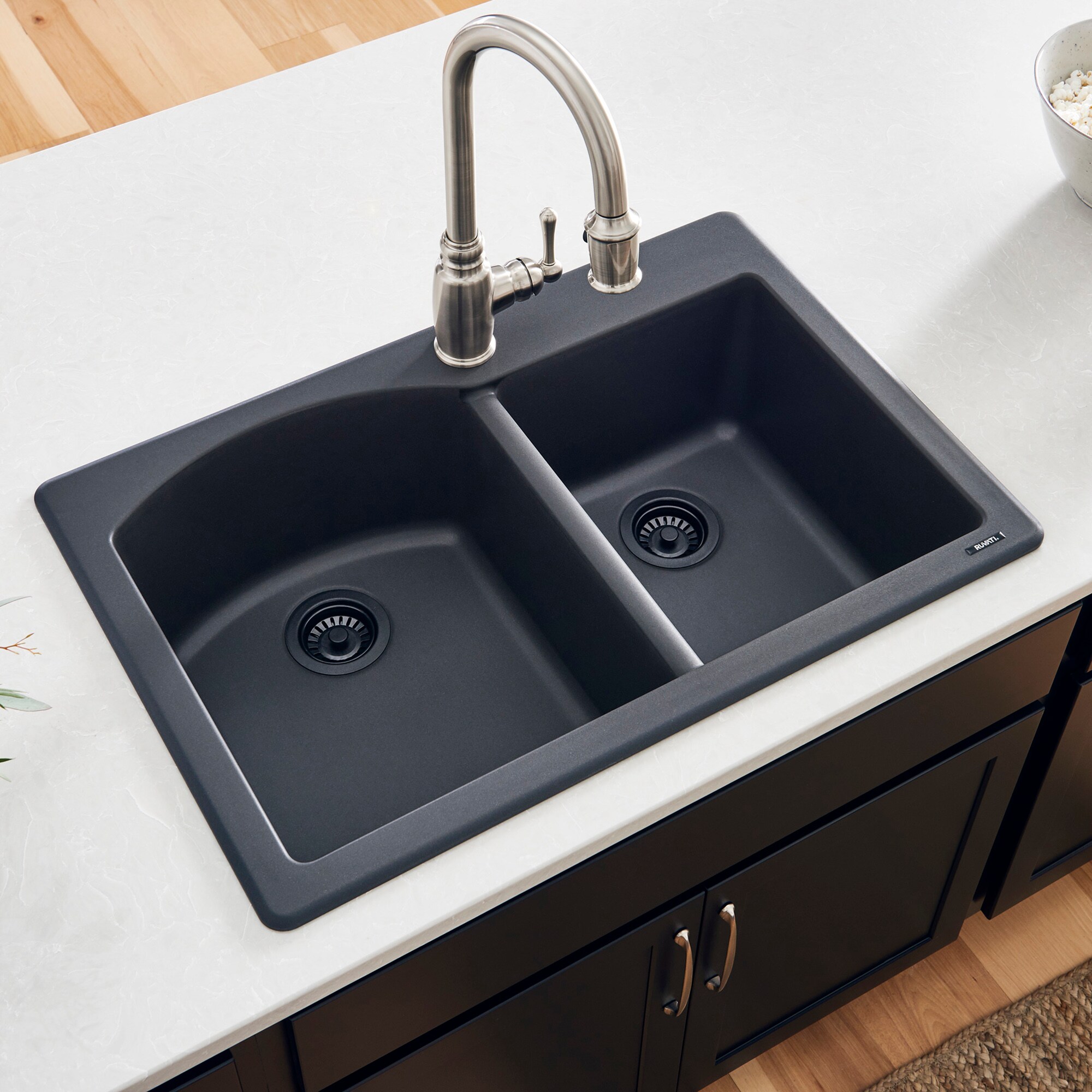Midnight Black 33 x 22 Inch Granite Double Bowl Drop-In Sink