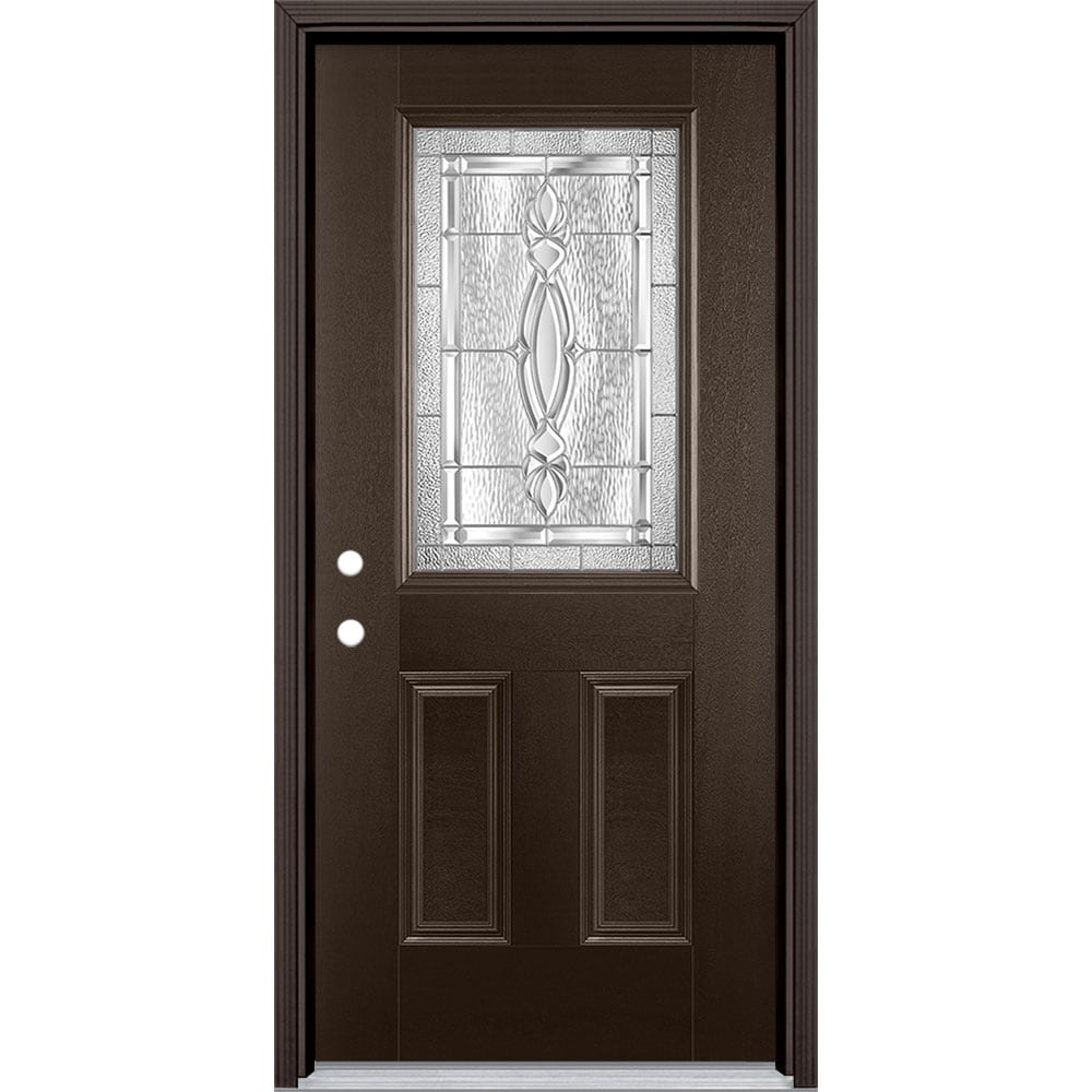 Masonite 3421742 Panama 36-in x 80-in x 4-9/16-in Fiberglass Half lite Right-hand inswing Walnut Stained Prehung Front Door with Brickmould Insulating core