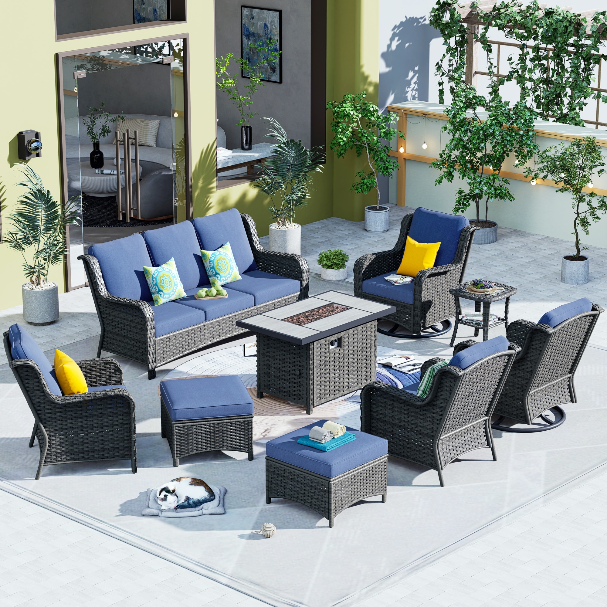 Pouuin 9-Piece Rattan Patio Conversation Set with Blue Cushions in the ...