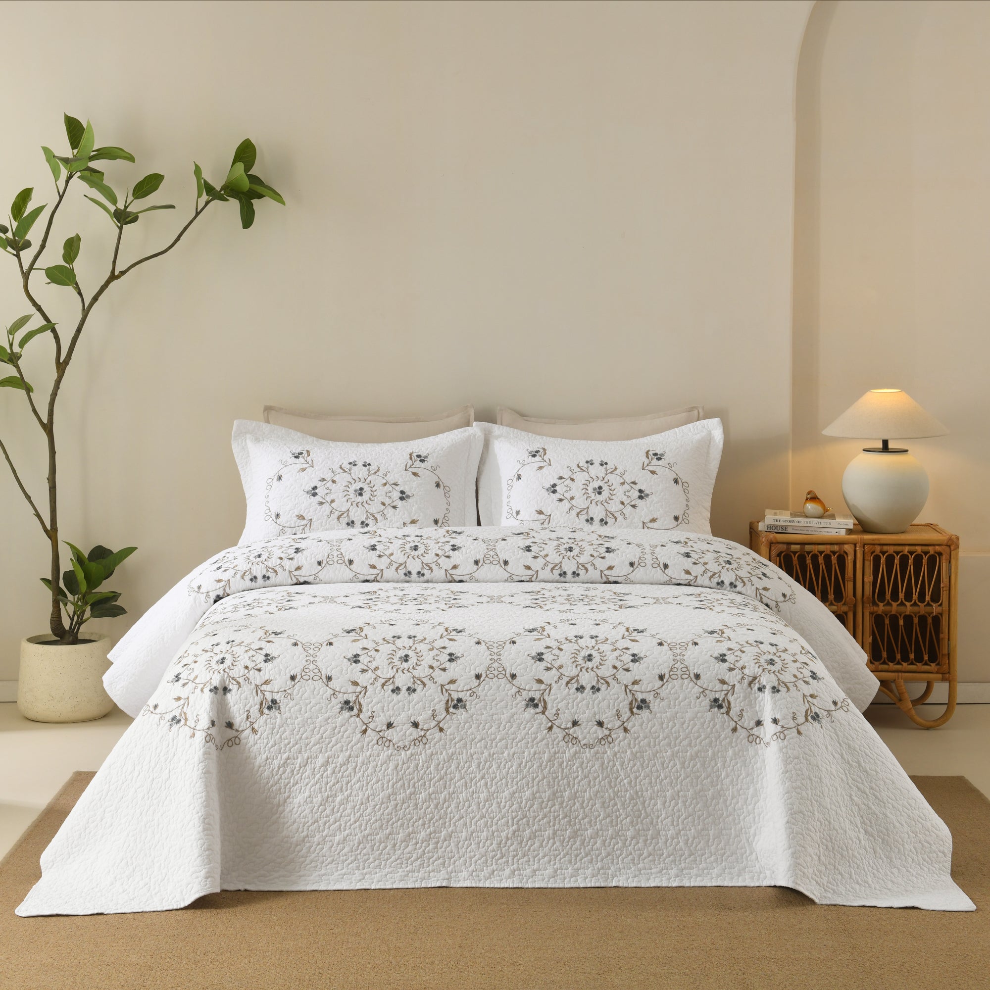 MarCielo 3 Piece Cotton Cover Floral Embroidered Quilt Set - Vintage Cottage Bedspread ME523