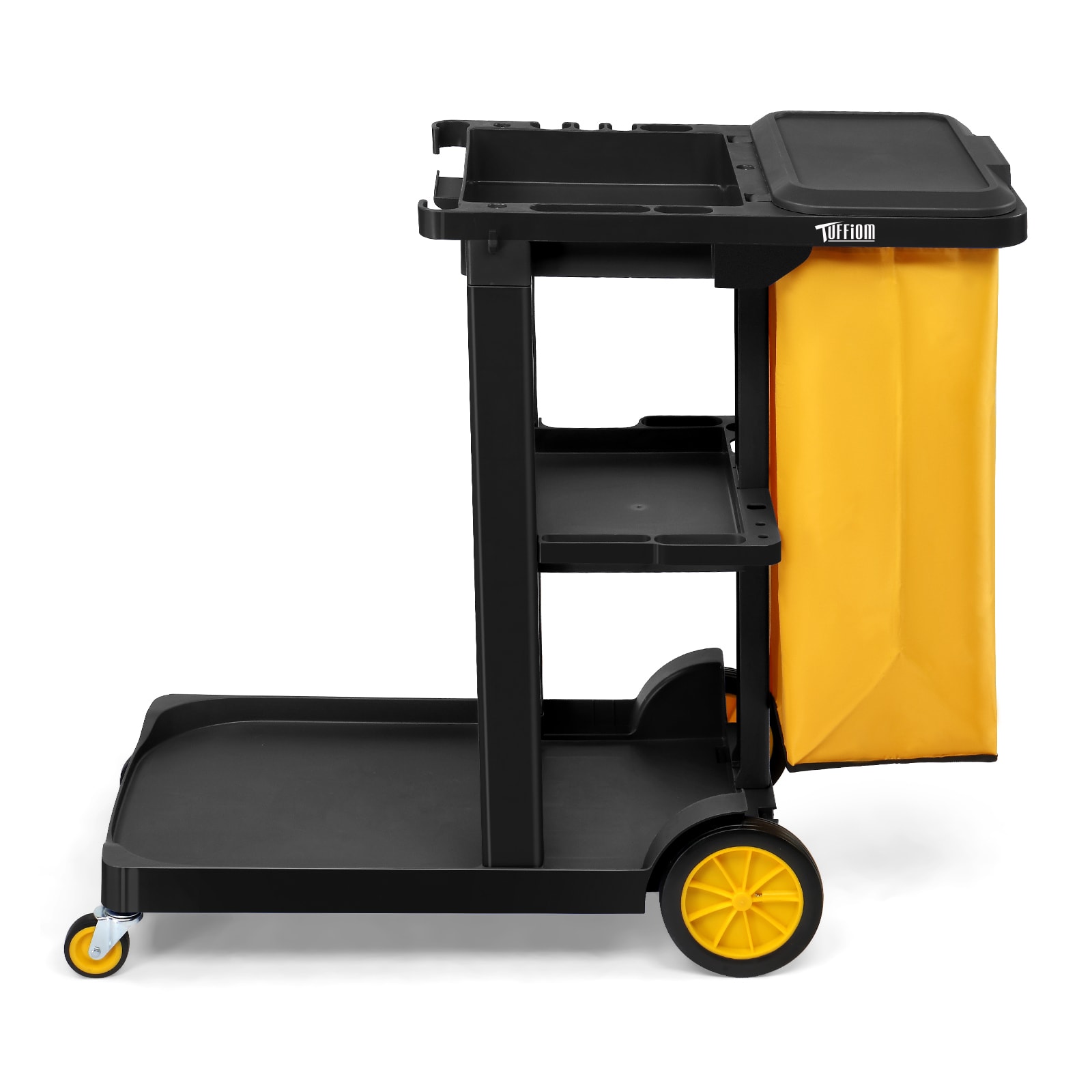 TUFFIOM 3-Shelf Commercial Traditional Cleaning Janitorial Cart with 500 Lbs Capacity/Wheeled with Yellow VinylBag and Cover Lid Black
