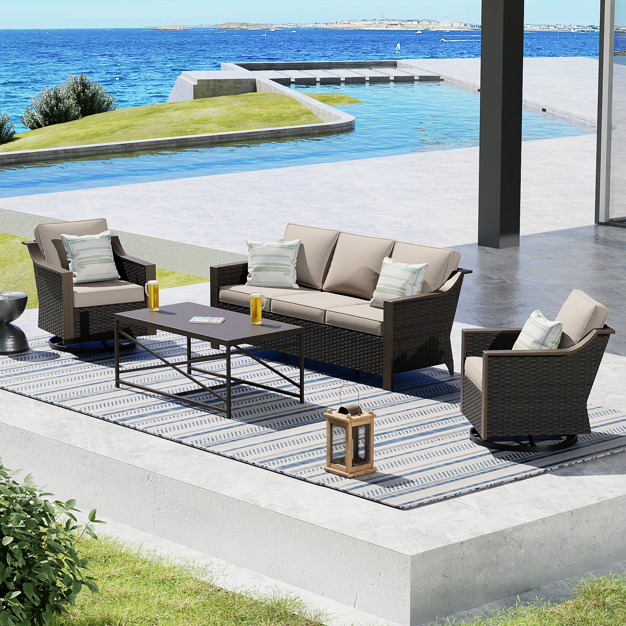 Gardenbee 4 -Piece Wicker Patio Conversation Set with Beige Cushions Included