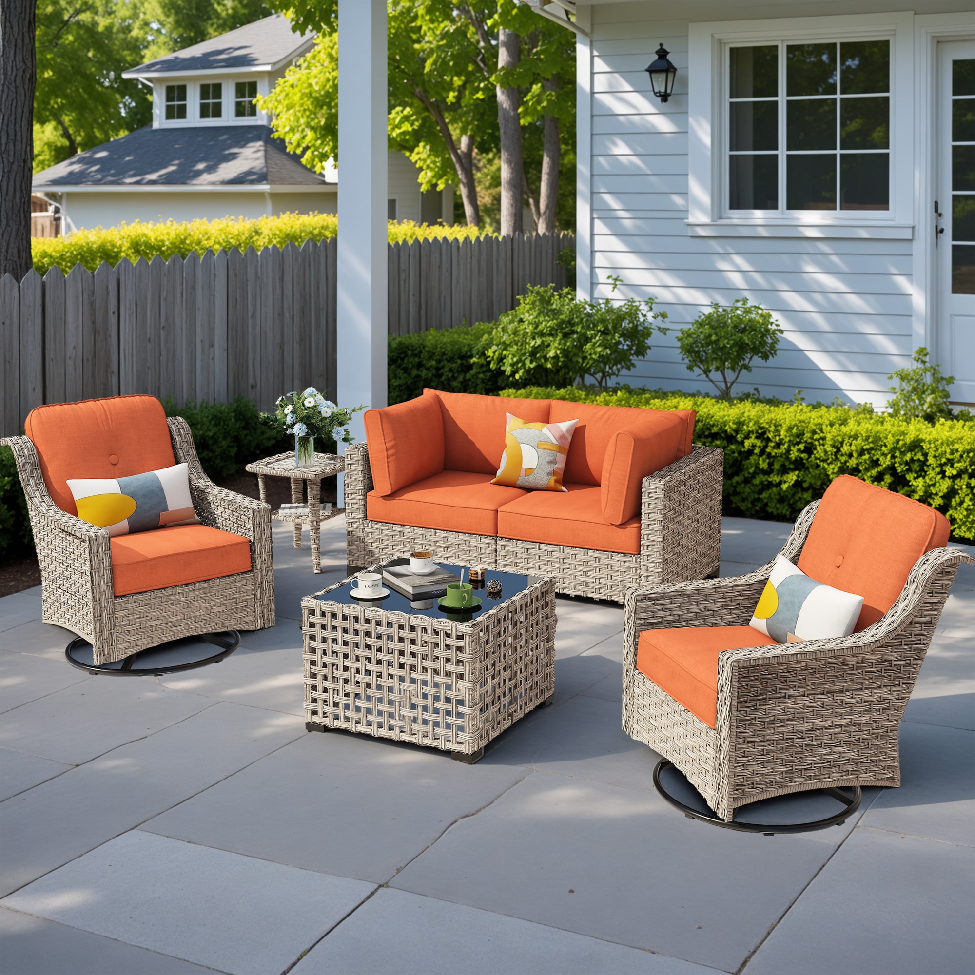 ALTRIGUS 6L-YZSKT80C6-AL 6 -Piece Wicker Patio Sofa Conversation Set with Orange Cushions