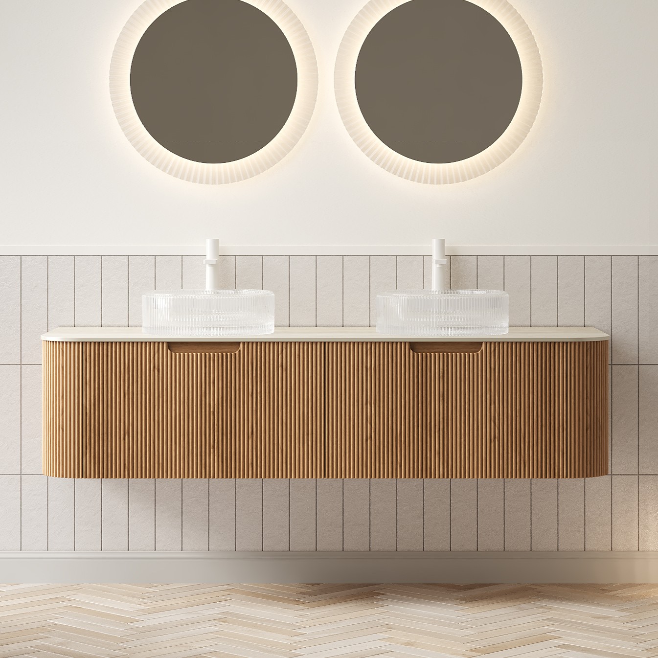 Vynxaria 60 in Floating Bathroom Vanity with White Round Glass Vessel Sink Travertine Pattern Sintered Stone Top Soft Close Drawer Natural Wood Finish