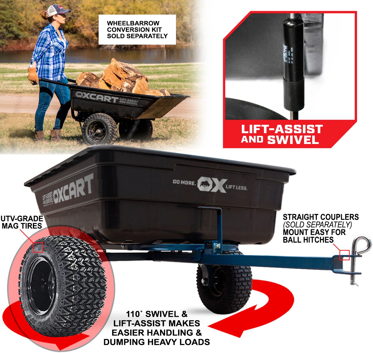 OxCart Farm All 15-17 cu Lift-Assist and Swivel Dump Cart w ATV-Grade ...