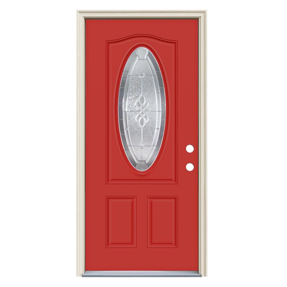 JELD-WEN LOWOLJW230400023 Hampton 36-in x 80-in x 4-9/16-in Steel Oval Lite Left-Hand Inswing Persimmon Painted Prehung Front Door with Brickmould Insulating Core