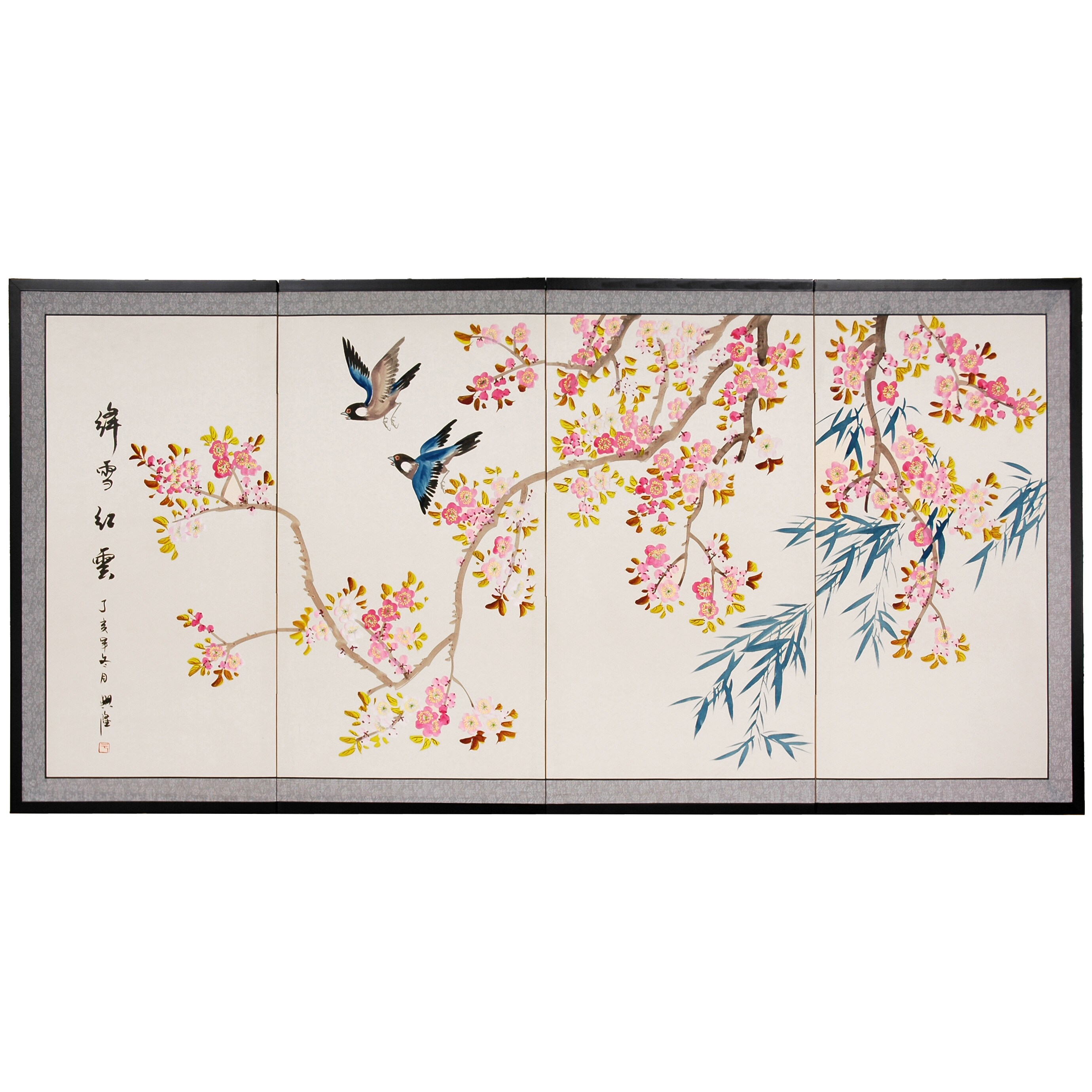 Red Lantern SILK-SHINGHU Black Wood Framed 36-Inches H x 72-Inches W Asian Hand-Painted Painting