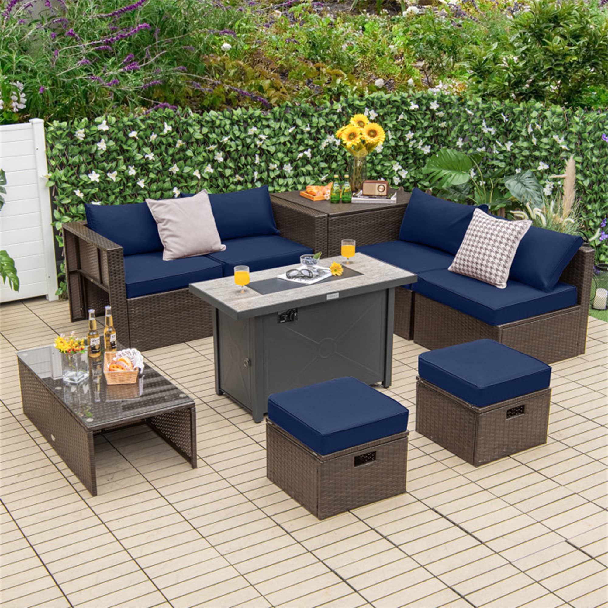 BABOOM BOM-0248ORTPX Patio Furniture Set with 42 Inches Fire Pit 9 -Piece Rattan 2 Patio Sofa Conversation Set with Navy Cushions