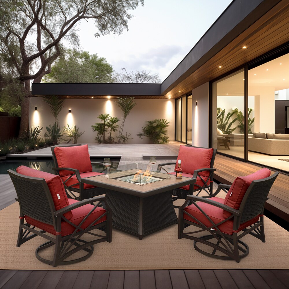 Kinger Home FP-001TBRN-SET-RED ELIO 5-Piece Wicker Patio Conversation Set with Red Cushions