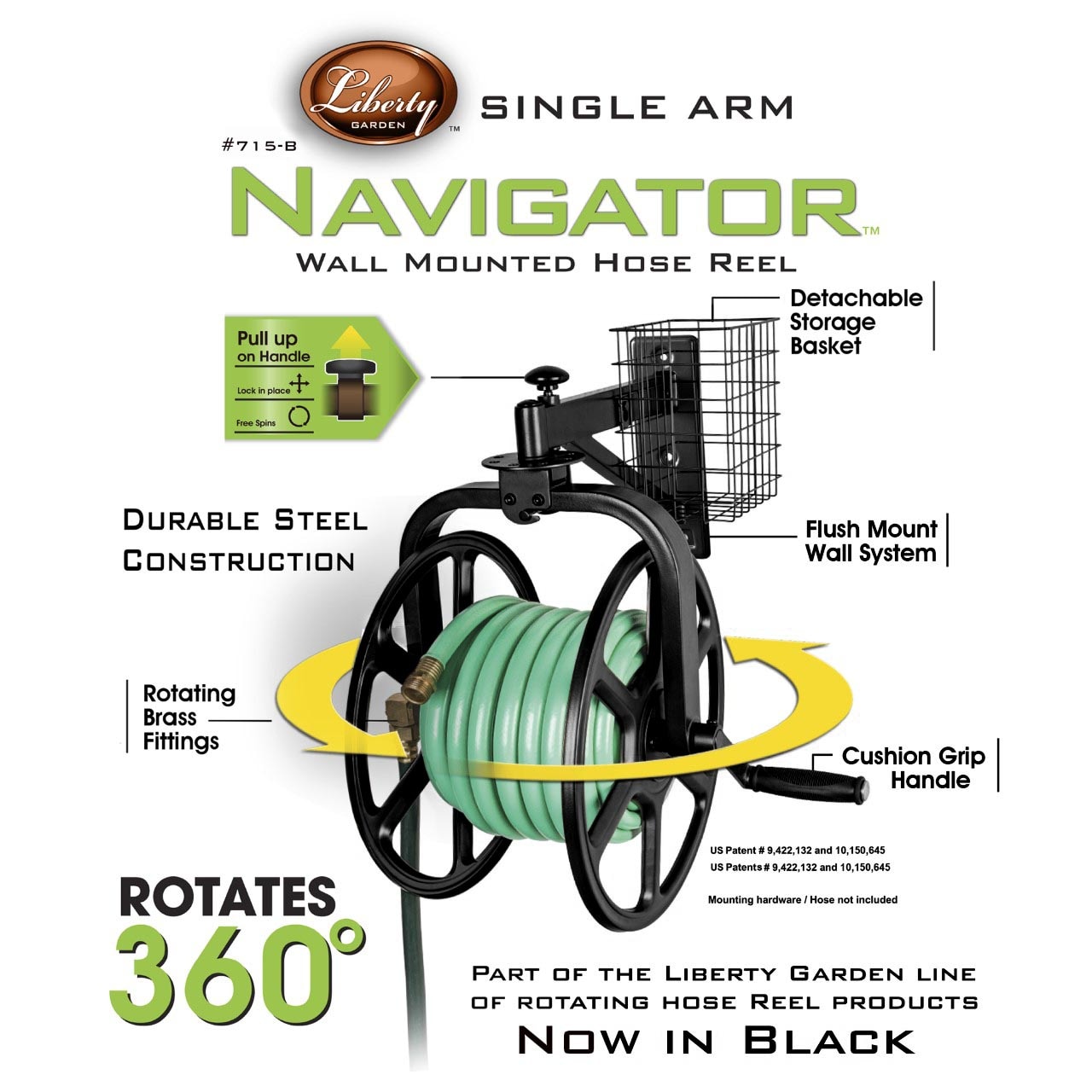 Liberty Garden Products 715 Navigator Rotating Garden Hose Reel, Holds  125-feet of 5/8-Inch Hose