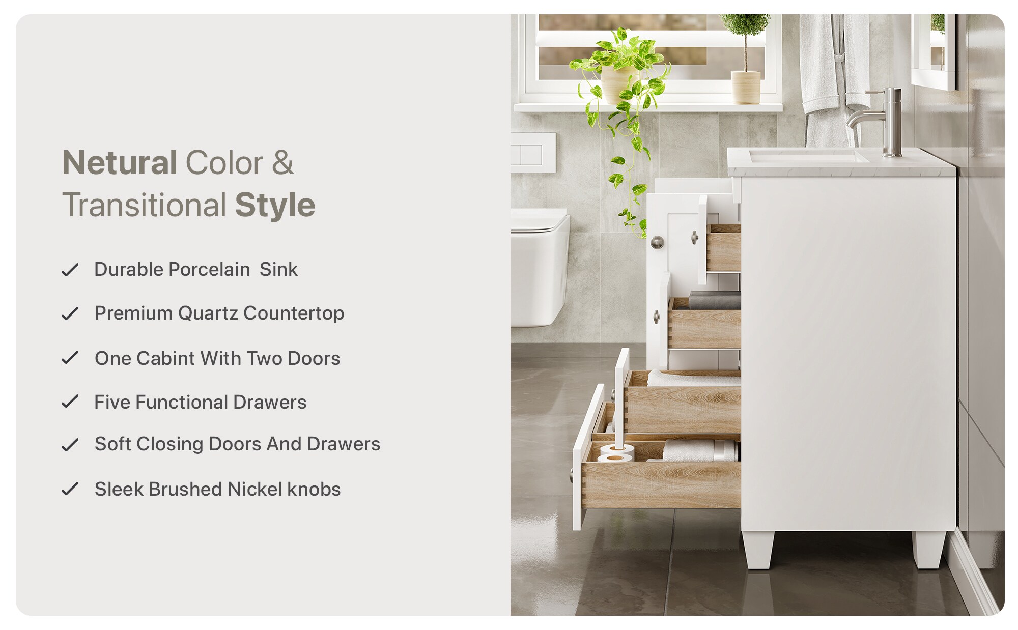 White 24" Bathroom Vanity with Carrara Quartz Top and Sink