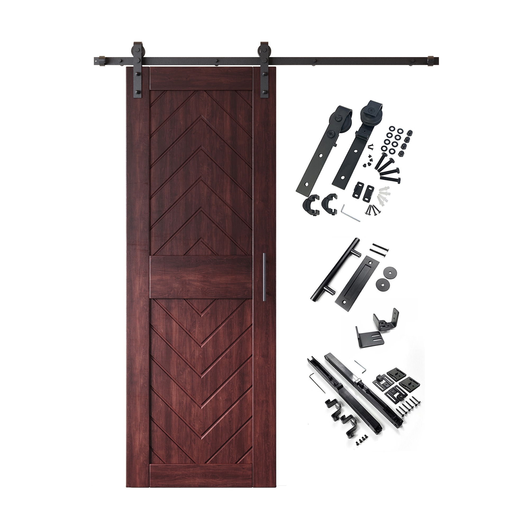 HOMACER YT1H054C-JT2-2684-RD 26-in x 84-in Red Mahogany Herringbone Pine Wood Solid core Single Barn Door (Hardware Included)