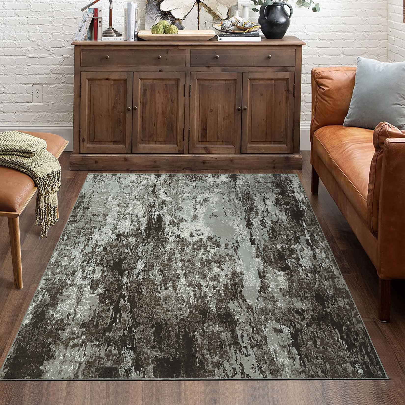Garvee YXY-LO-PHO-12ZQ0BUI 9 x 12 (ft) Loomed Polyester Dark Brown Rectangular Indoor Abstract Mid-Century Modern Machine washable Area rug