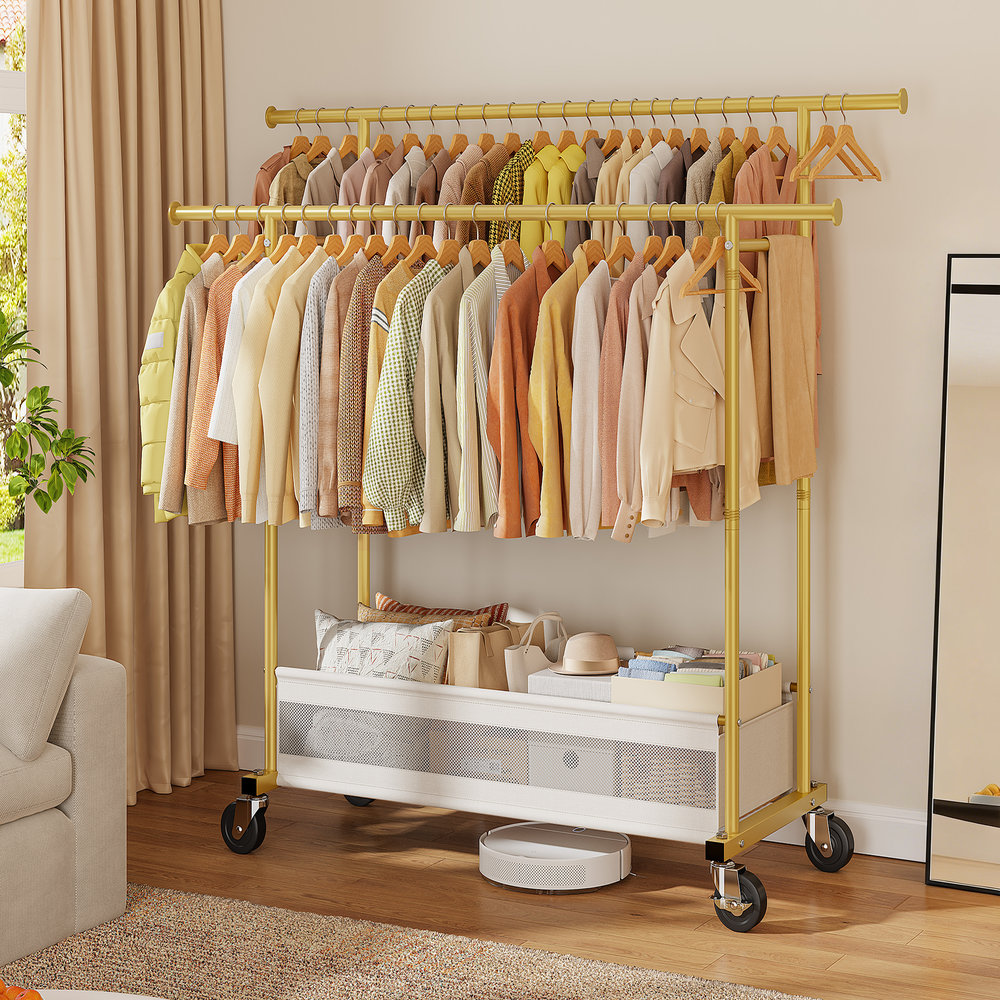 Raybee Clothes Rack With Storage Basket Rolling Hanging Clothing Rack For Hanging Clothes Double Rods Garment Rack For Bedroom Cloakroom Gold