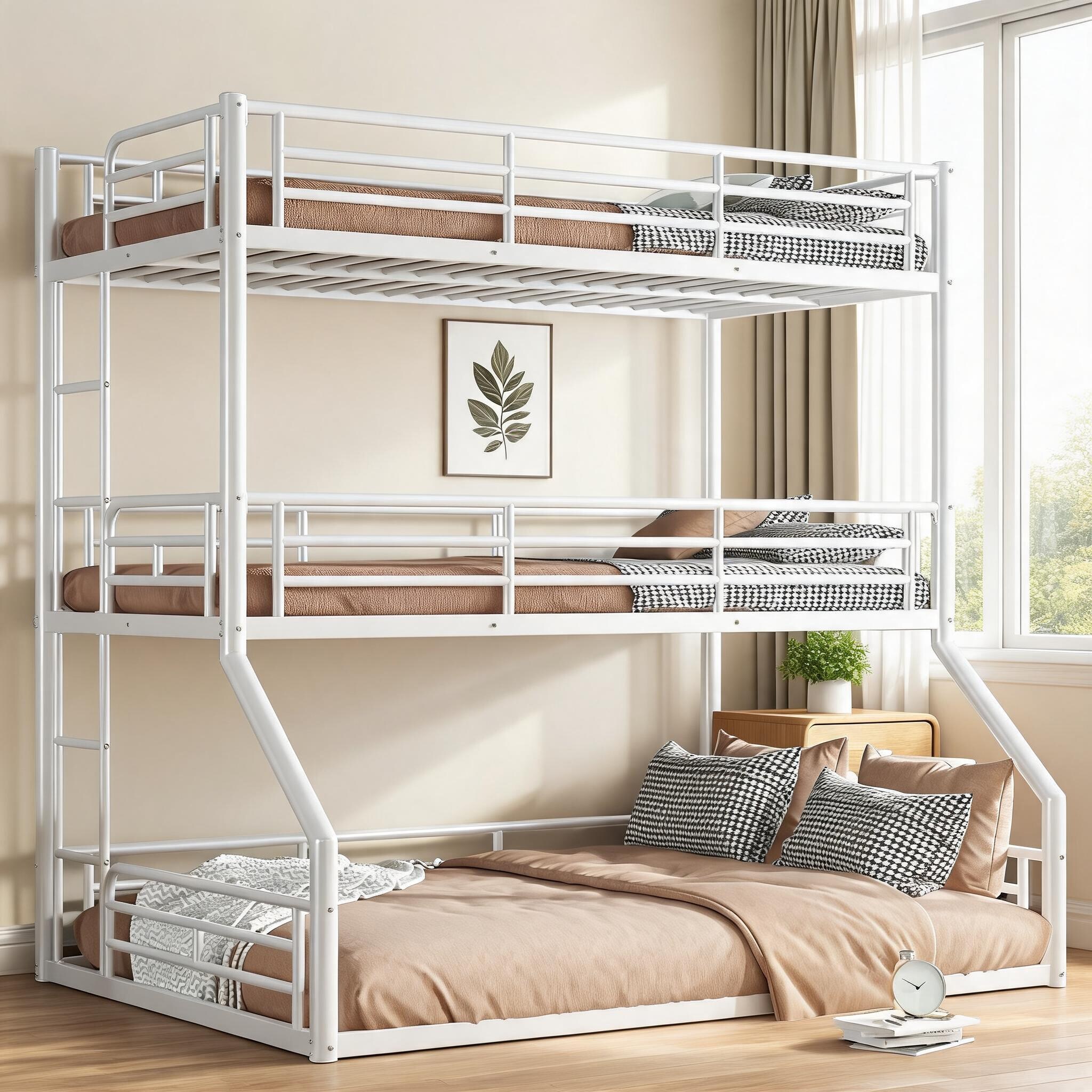Watnature Clean White Metal Triple Bunk Bed Space-Saving Triple Stack