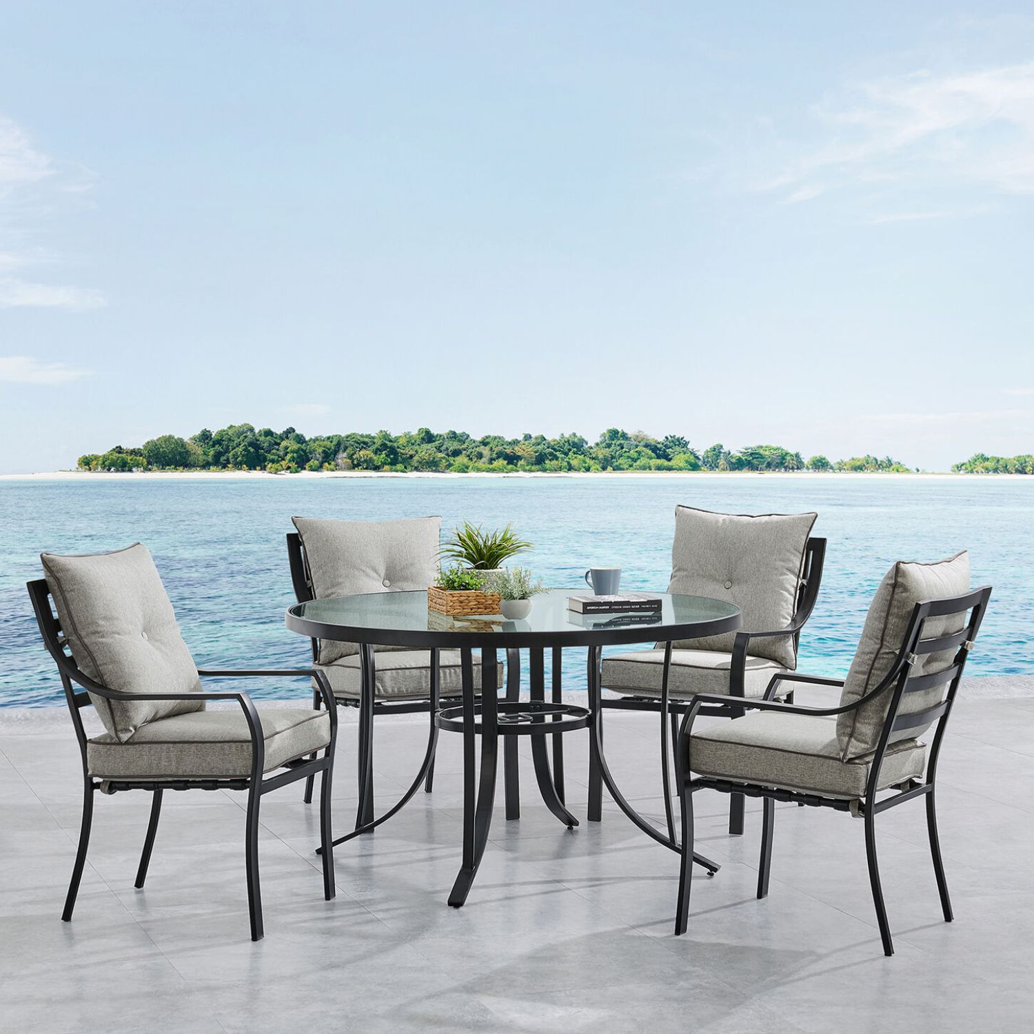 Hanover LAVDN5PCRD-SLV Lavallette 6-Piece Black Patio Dining Set Steel Table with 4 Cushions Stationary Chairs