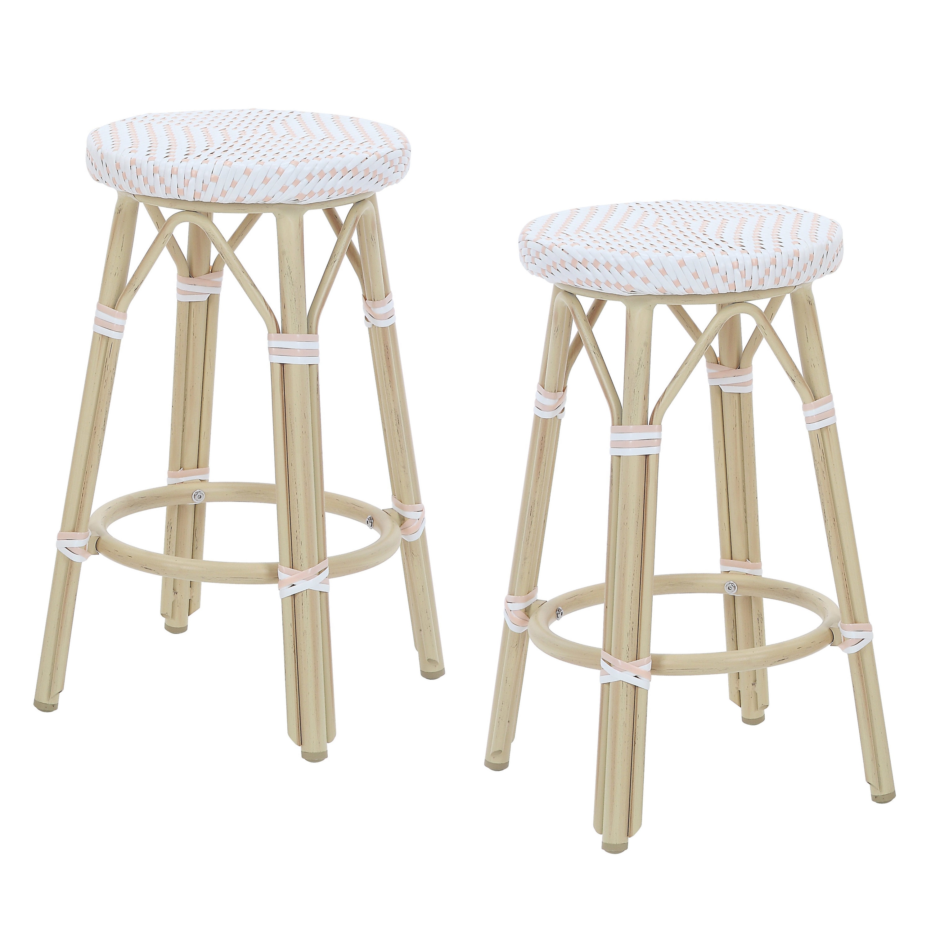 Furniture of America IDF-OC1858WH-26 Set of 2 Wicker Brown Aluminum Frame Stationary Bar Stool Chair with Woven Seat