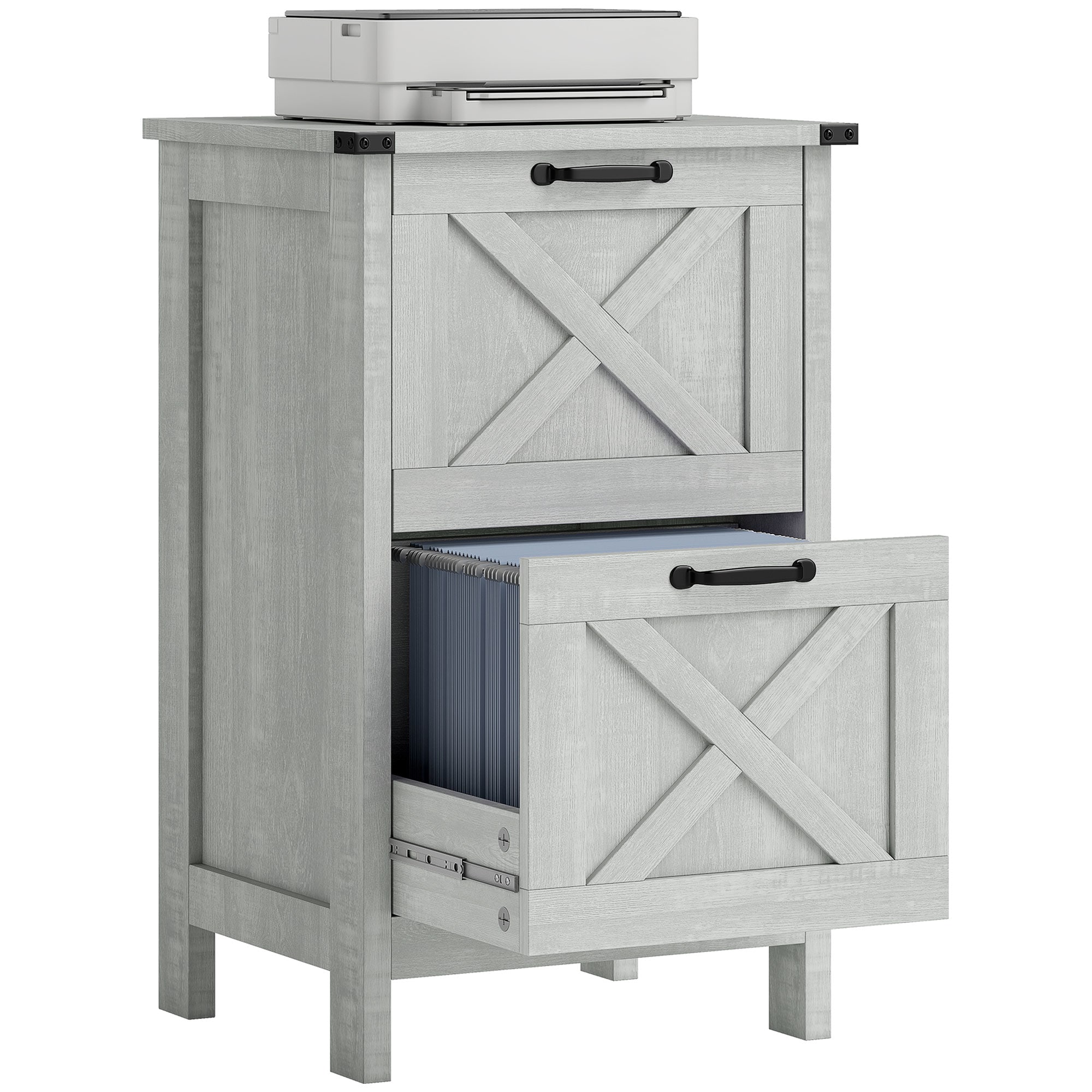 HomCom  2 Drawer Vertical File Cabinet with Silent Slides Rustic Farmhouse Filing Cabinet with Barn Doors for A4/Letter Size Printer Stand with Storage for Home Office Distressed Light Gray