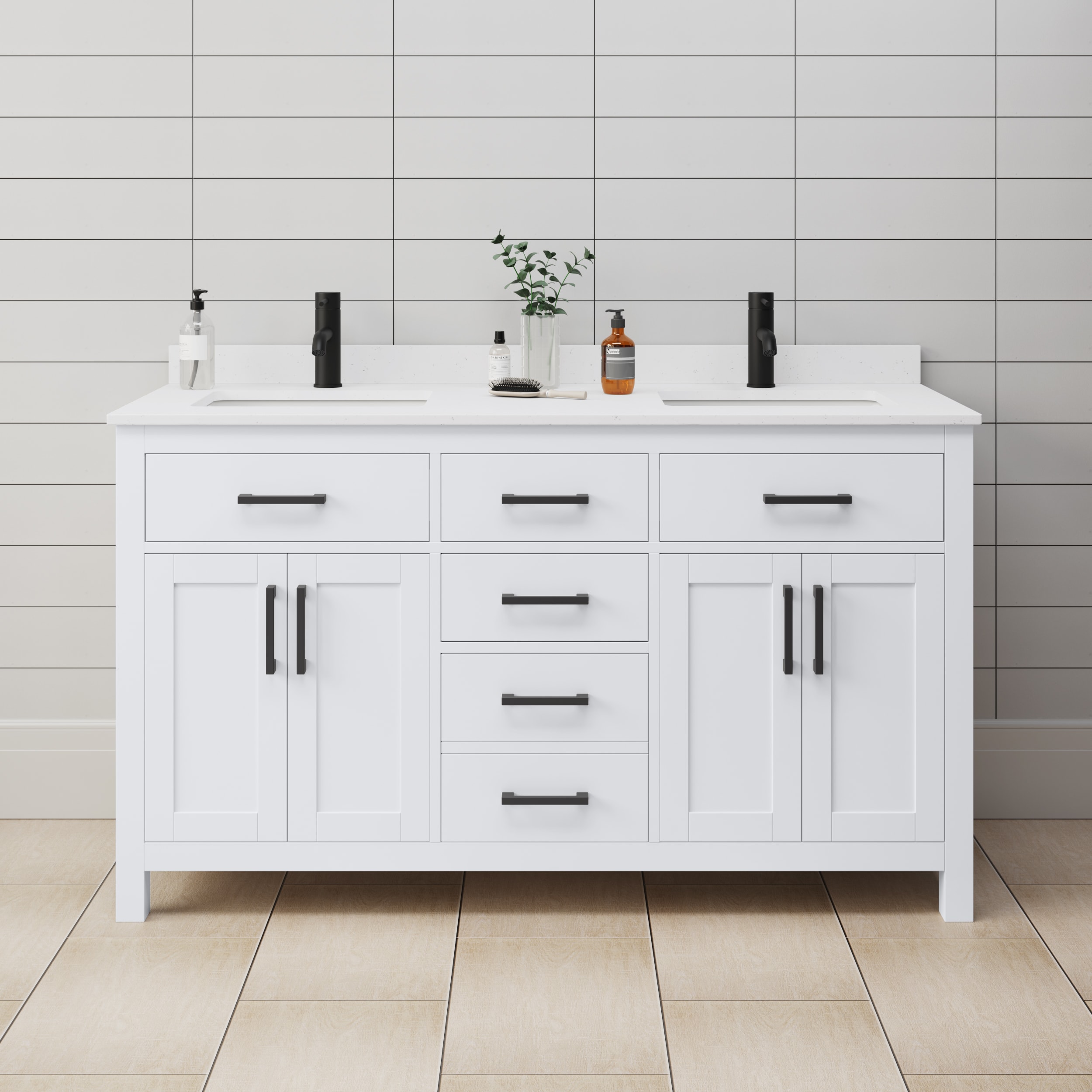 Wyndham Collection WCG242460DWBWCUNSMXX Beckett 60-in White with Matte Black Trim Undermount Double sink Bathroom Vanity with White Cultured Marble Cultured marble Top