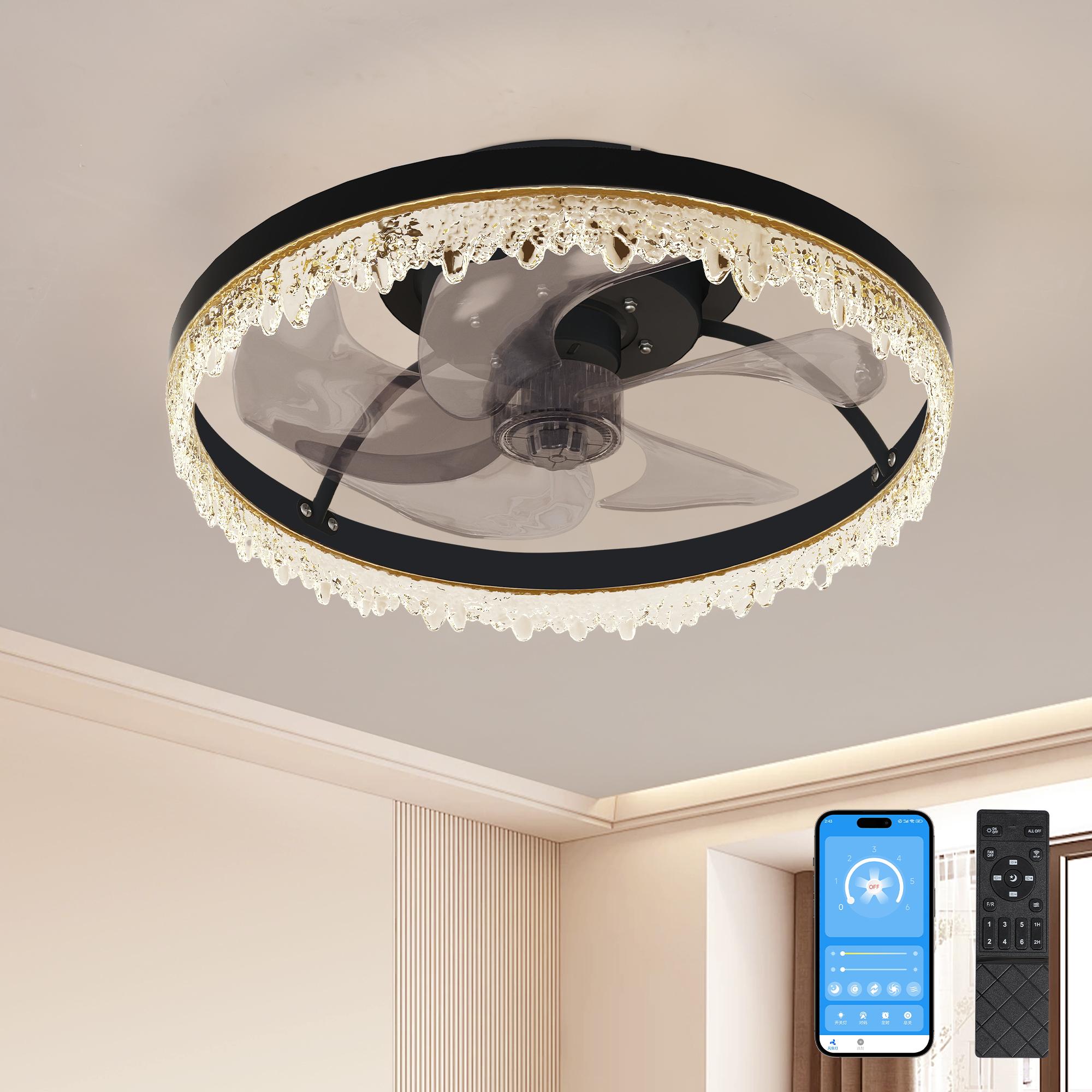 Bayfeve BFLCM-97171-CF Crystal Decorative LED Ceiling Fan 16-in Color-Changing Integrated LED Flush Mount Matte Black with Transparent Blades Fandelier Ceiling Fan With Light - Remote Included ( 5 -Blade )