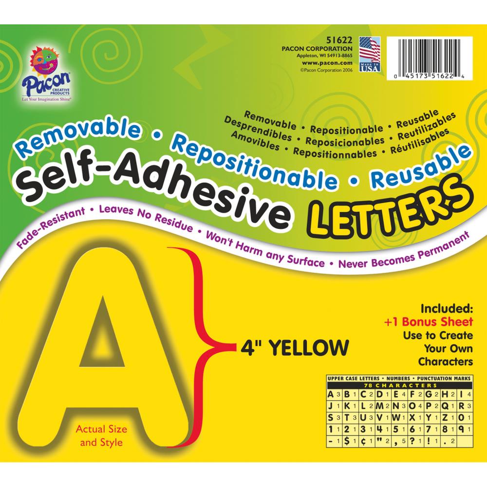 Pacon Self-Adhesive Letters, Yellow, Puffy Font, 4 In., 78 Characters Per  Pack, 2 Packs at