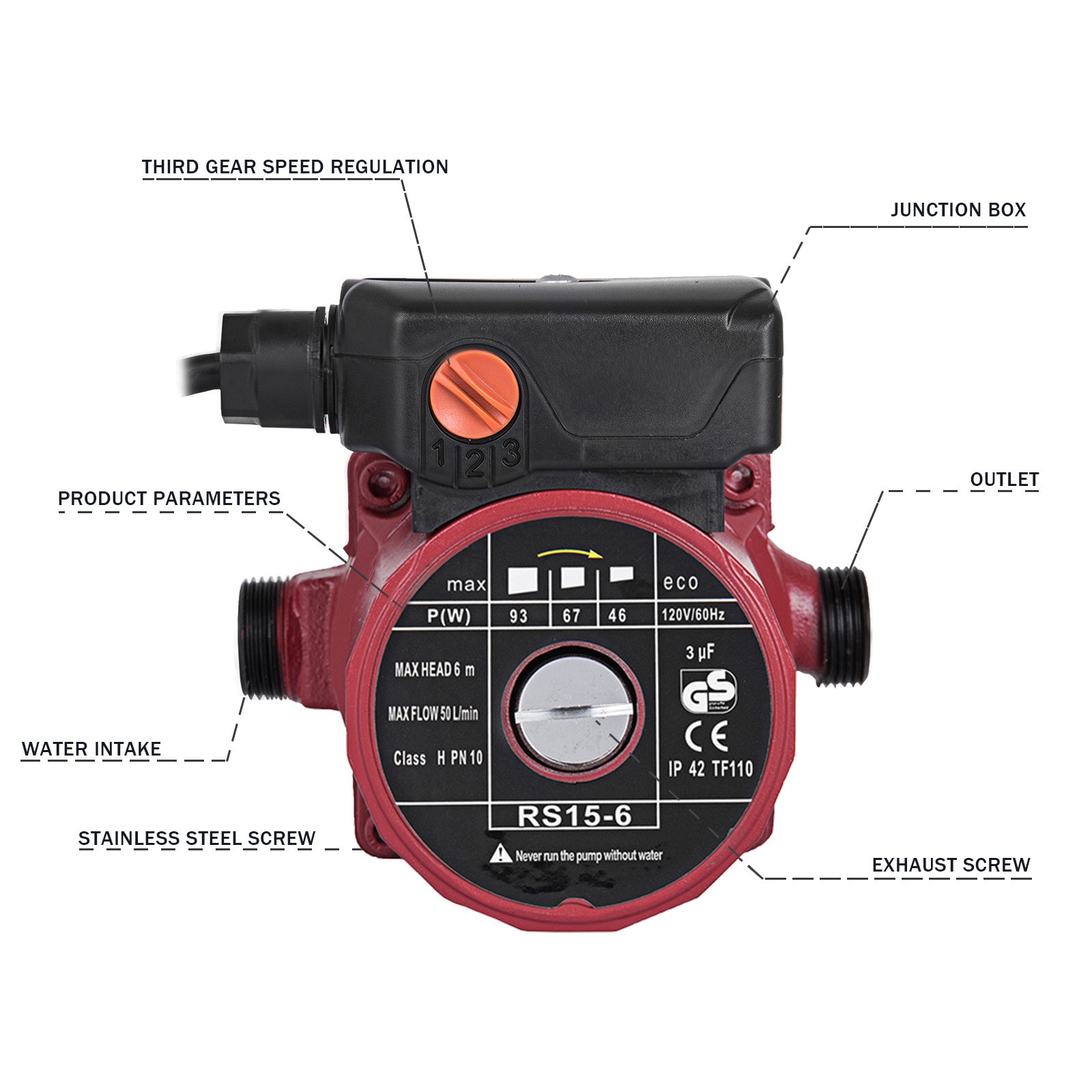 93W Red Aluminum Water Circulation Pump with Brass Fittings