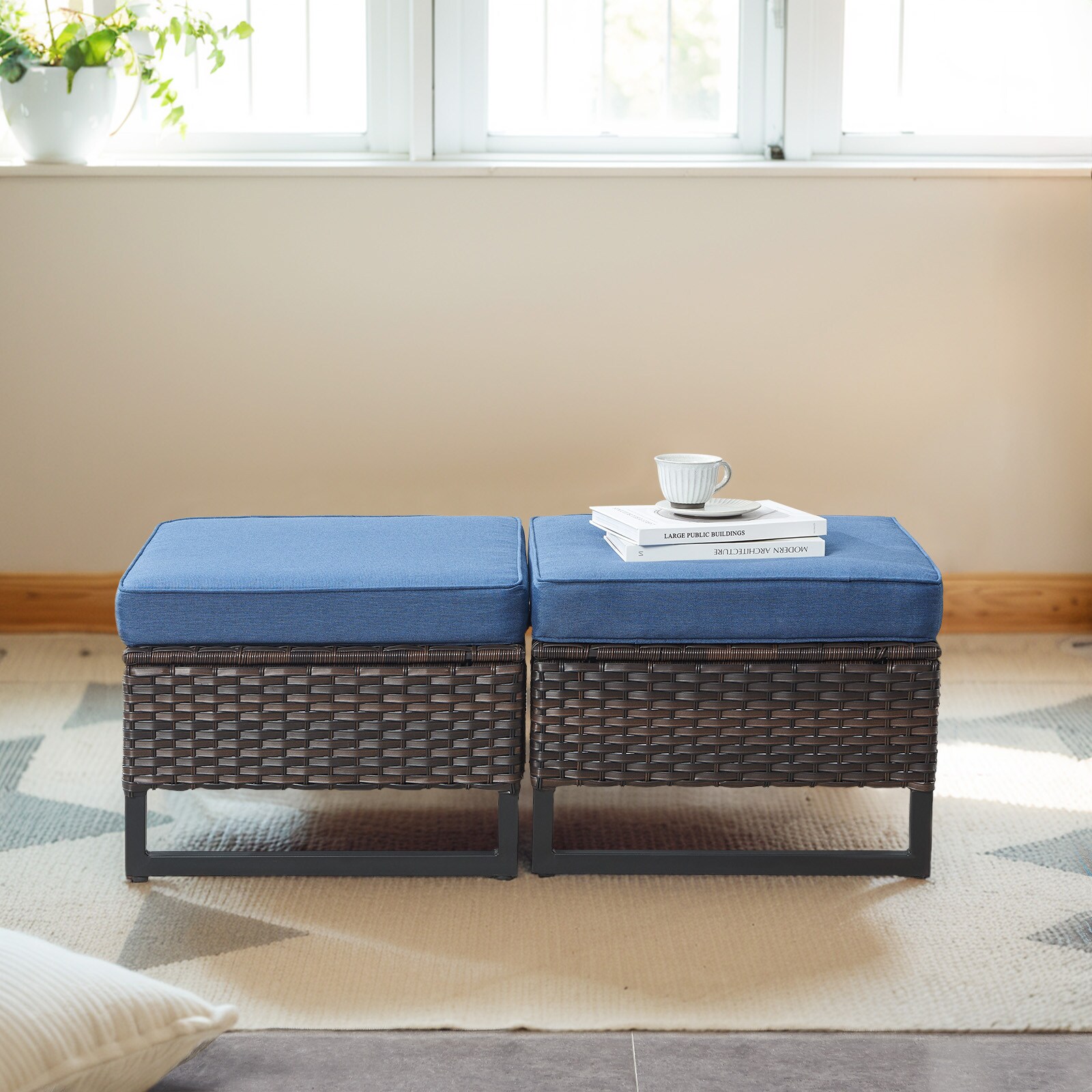 Blue Cushioned Wicker Outdoor Ottomans with Metal Frame, Set of 2