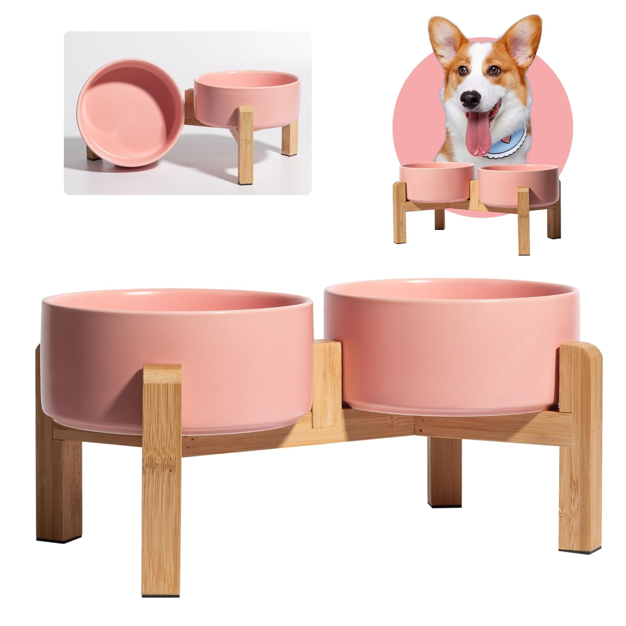 AOIZGMY - Elevated Ceramic Dog Bowl Set Raised Food and Water Bowls with Non Slip Bamboo Stand f...