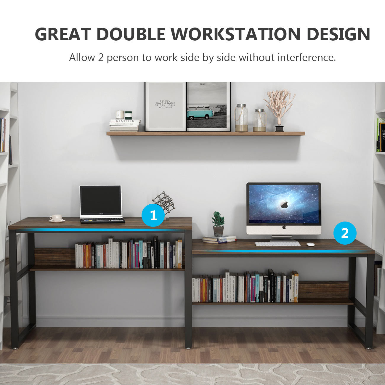 Tribesigns Double Workstation Desk with Shelves