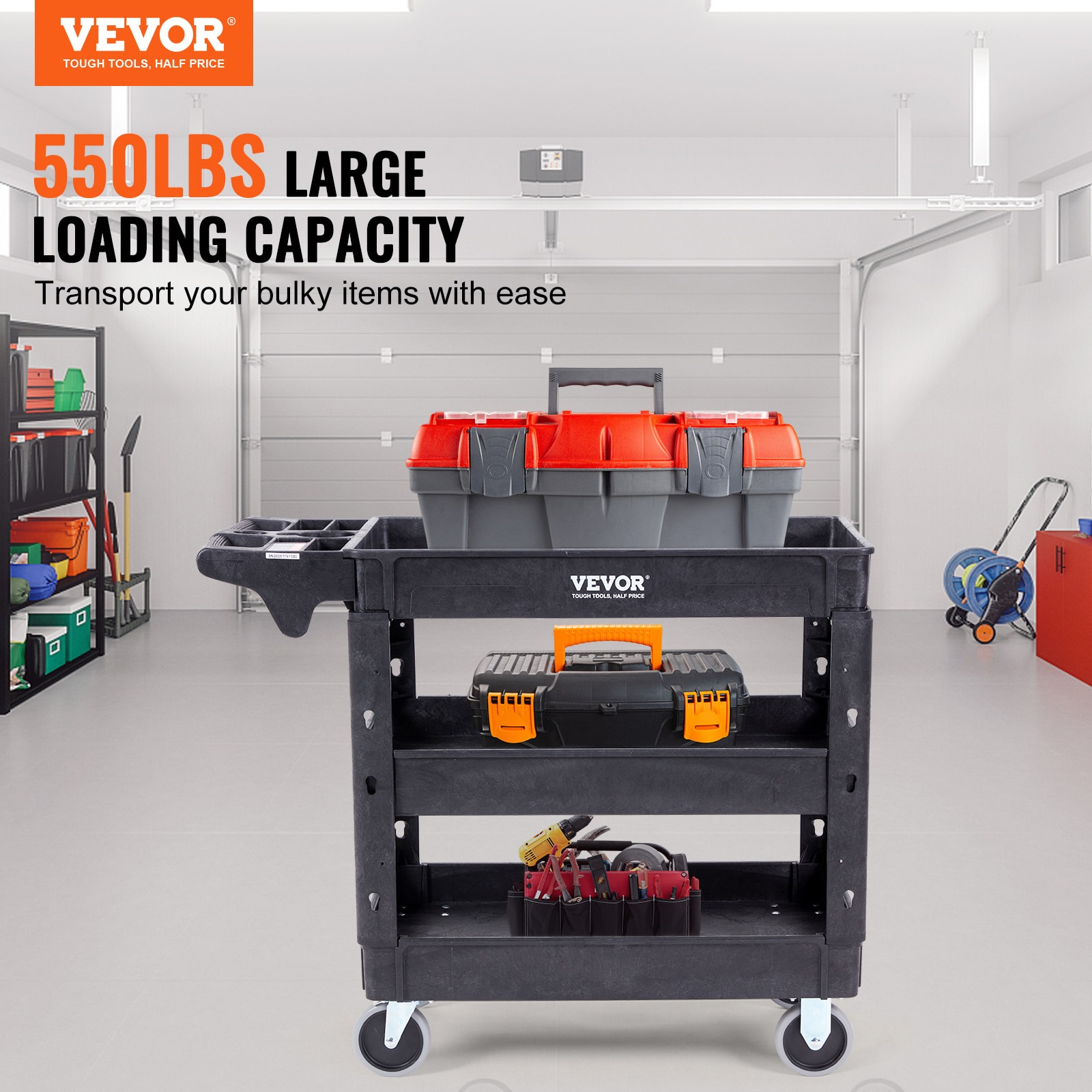 VEVOR 3-Tier Utility Cart Rolling Cart On Wheels 24x20x36.6 470 lbs 6 Hooks