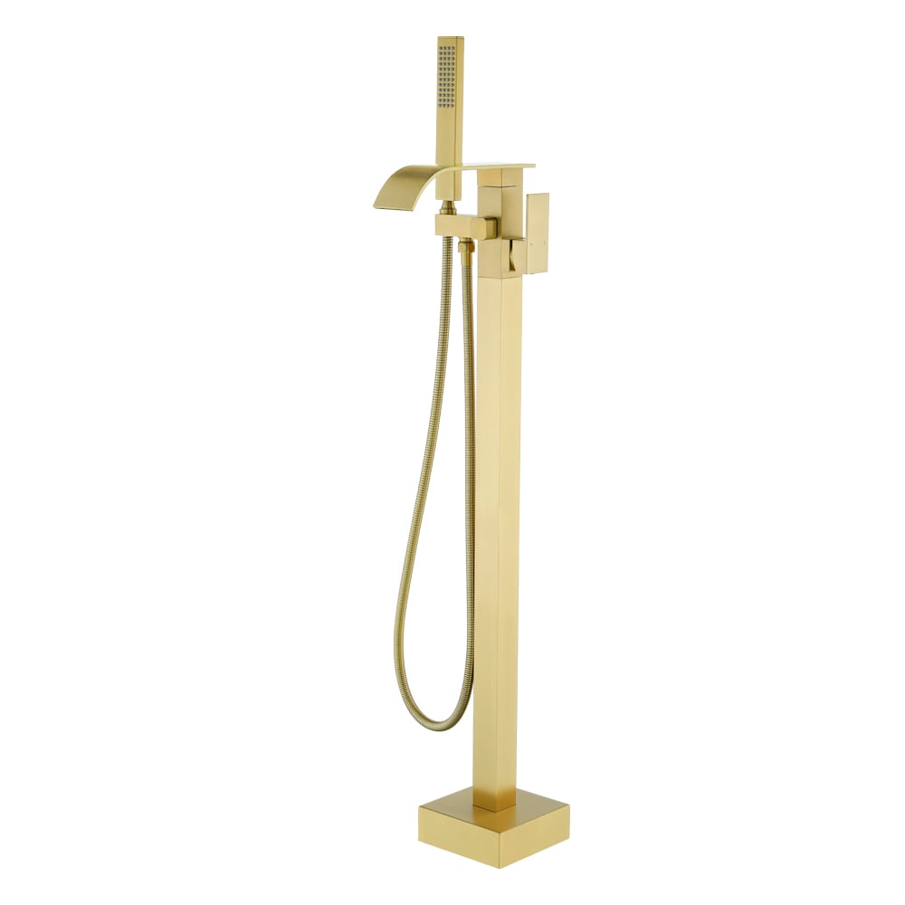Vanityfus - Low-arc Floor-mount Bathtub Faucet with Handle shower Head Brushed Gold