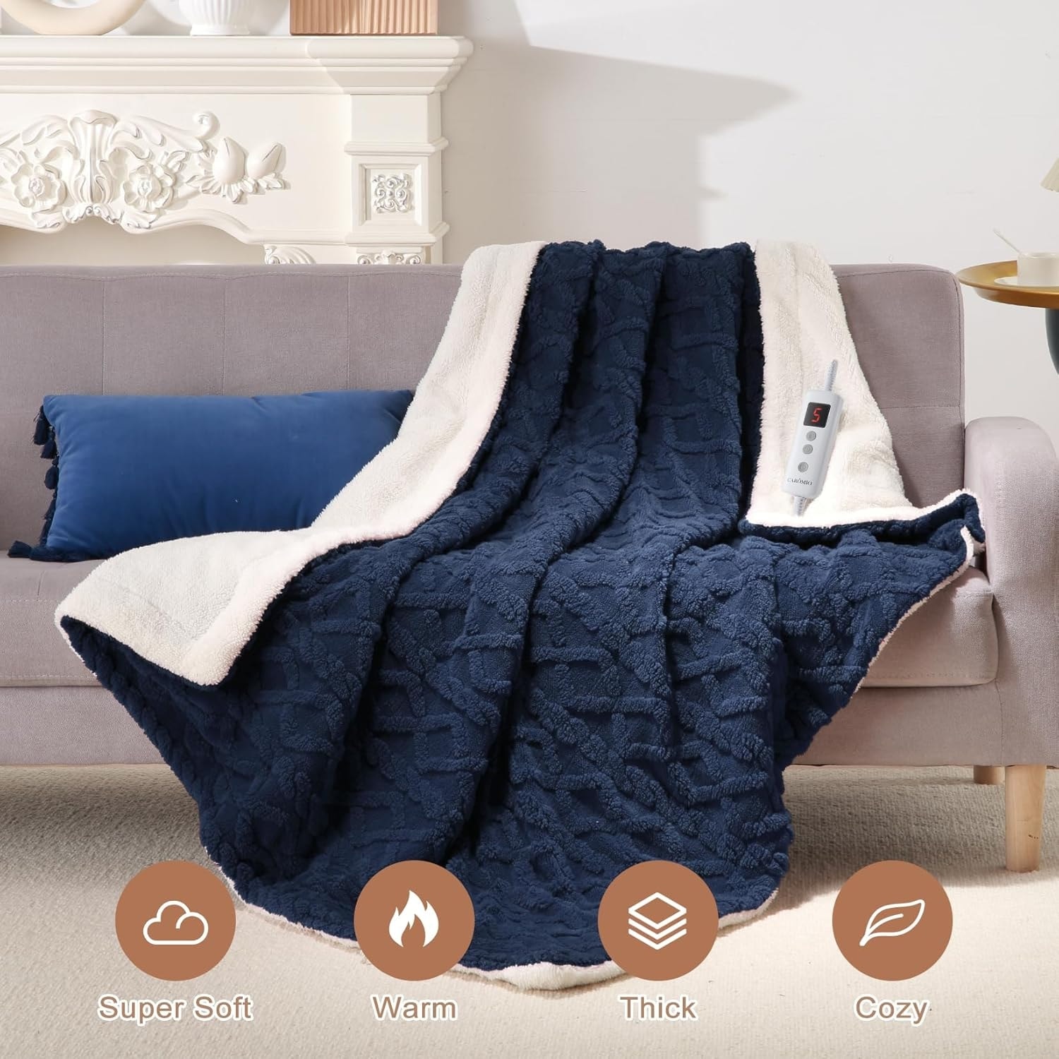 Qeetex Throw 50x60 Inch Heated Blanket - Thick Tufted Sherpa Electric ...