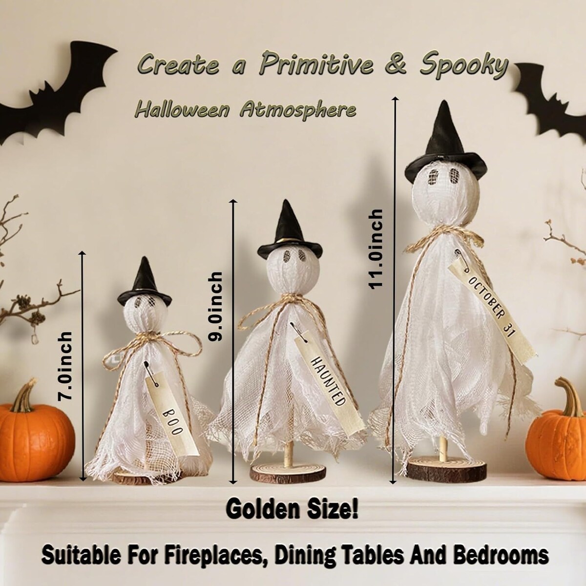 PEXCHO Set Of 3 Primitive Halloween Ghosts Indoor Halloween Decorations ...