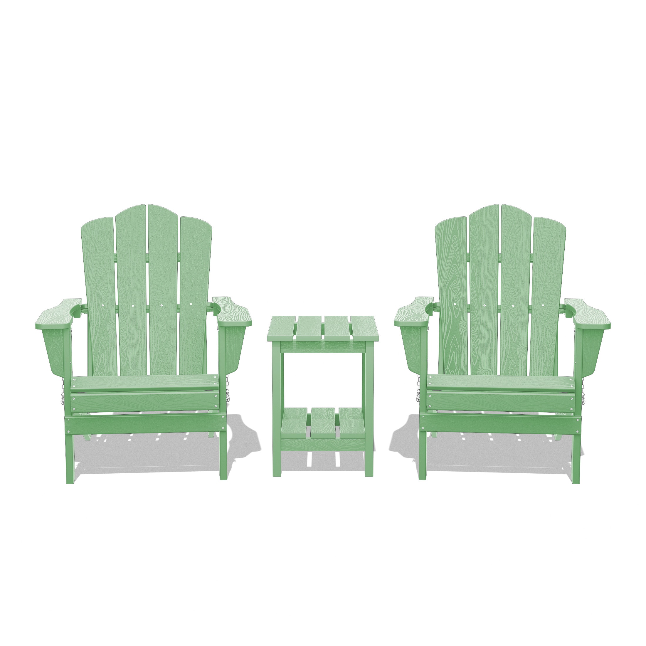 JEAREY YDZDY3JT-LG Patio Folding Adirondack Chair Set of 2 with a Side Table Set of 2 Stackable Light Green HDPE Frame Stationary Adirondack Chair with Slat Seat